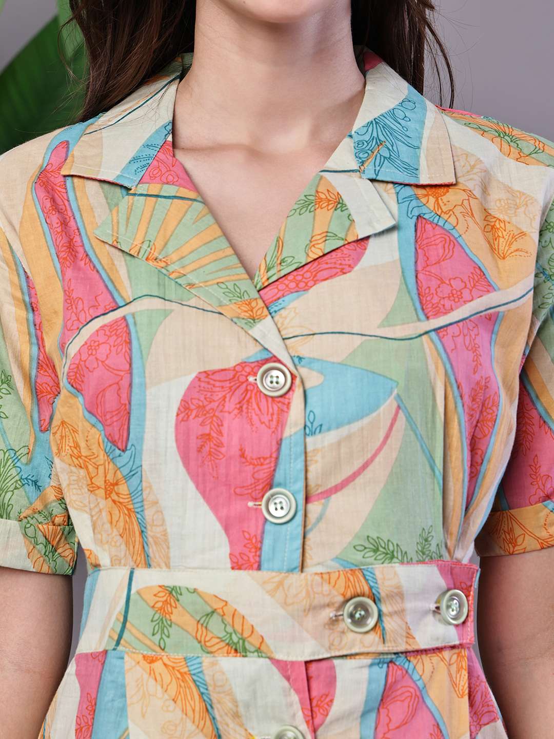 Women's Pastel Abstract Print Button-Down Cotton Midi Dress