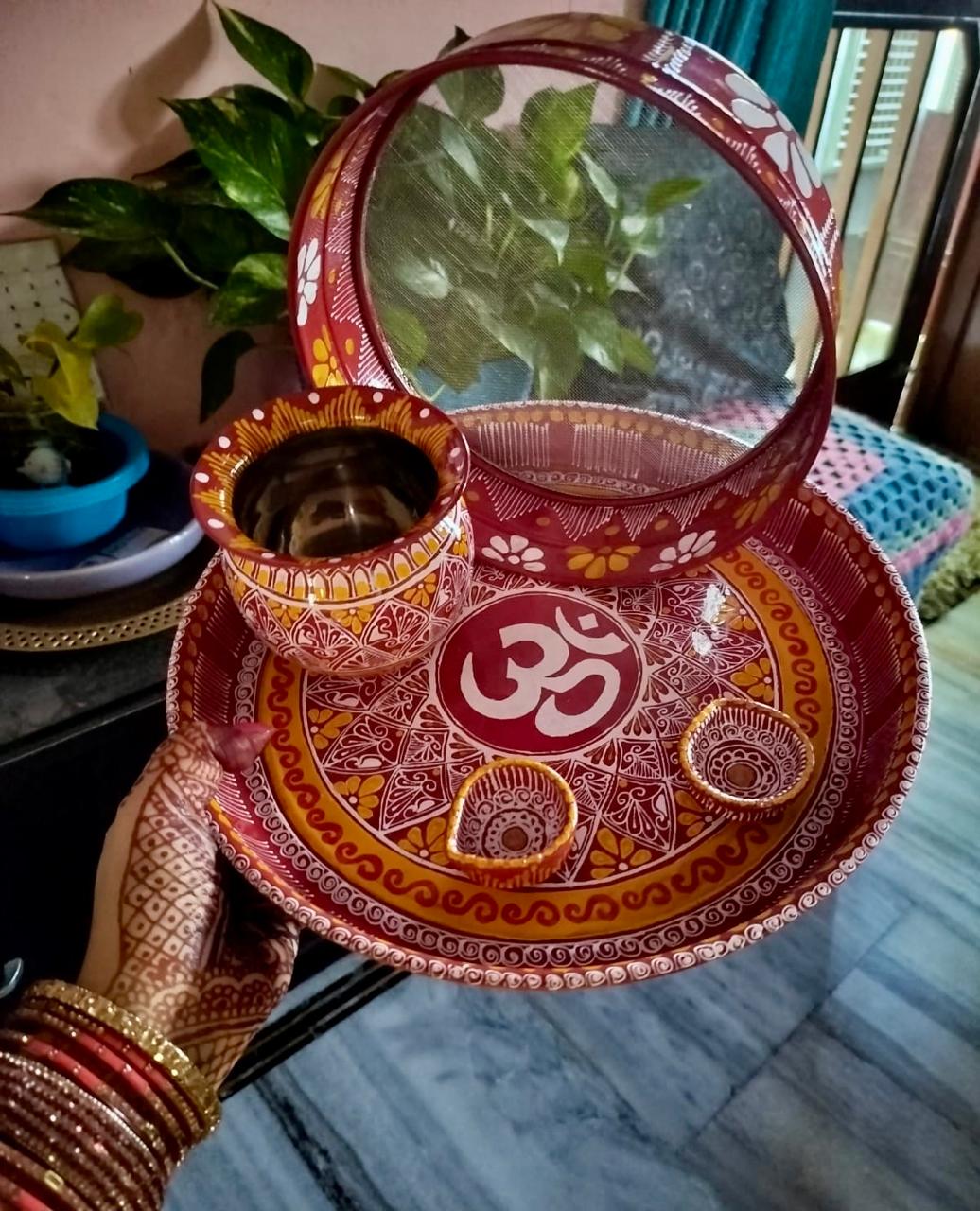 Handcrafted Aipan Art Stainless Steel Utensil Set | Traditional Kumaoni Folk Art | Made in Uttarakhand