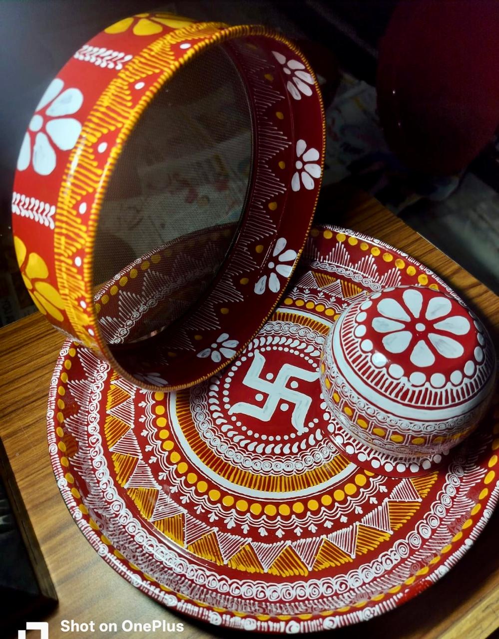 Handcrafted Aipan Art Stainless Steel Utensil Set | Traditional Kumaoni Folk Art | Made in Uttarakhand