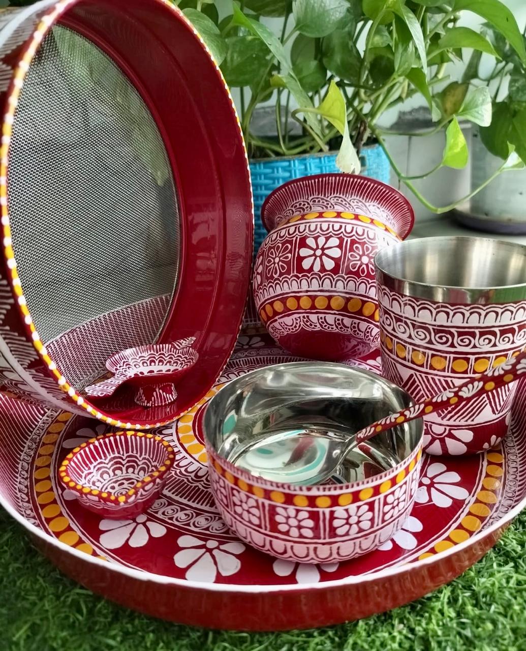 Handcrafted Aipan Art Stainless Steel Utensil Set | Traditional Kumaoni Folk Art | Made in Uttarakhand