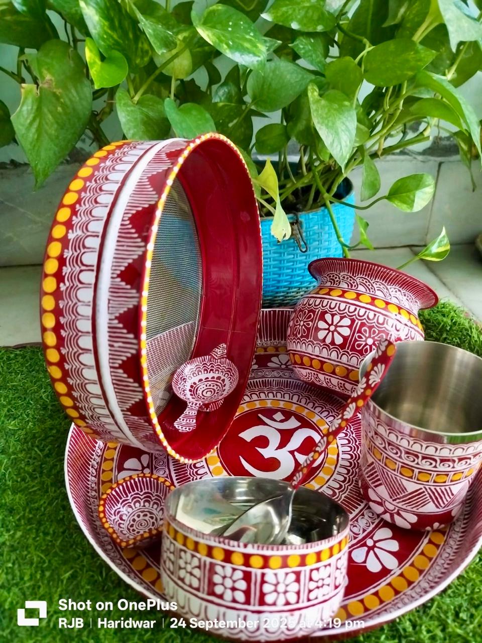 Handcrafted Aipan Art Stainless Steel Utensil Set | Traditional Kumaoni Folk Art | Made in Uttarakhand