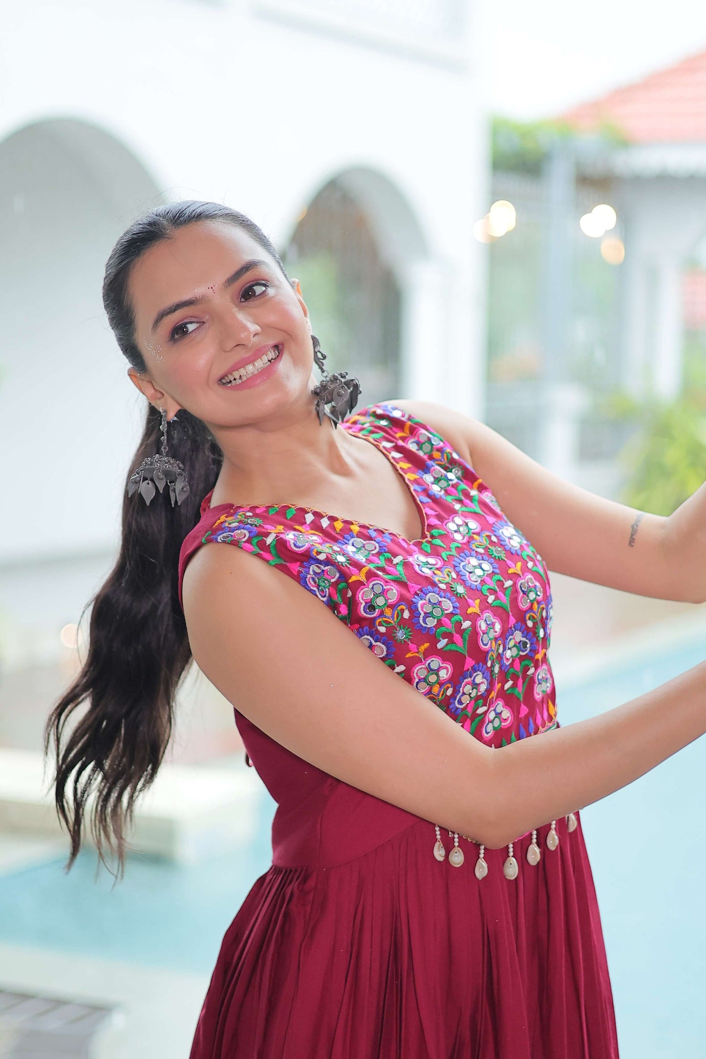 Maroon Elegant Kutchi Embroidered Frill Gown – Perfect for Navratri Celebrations