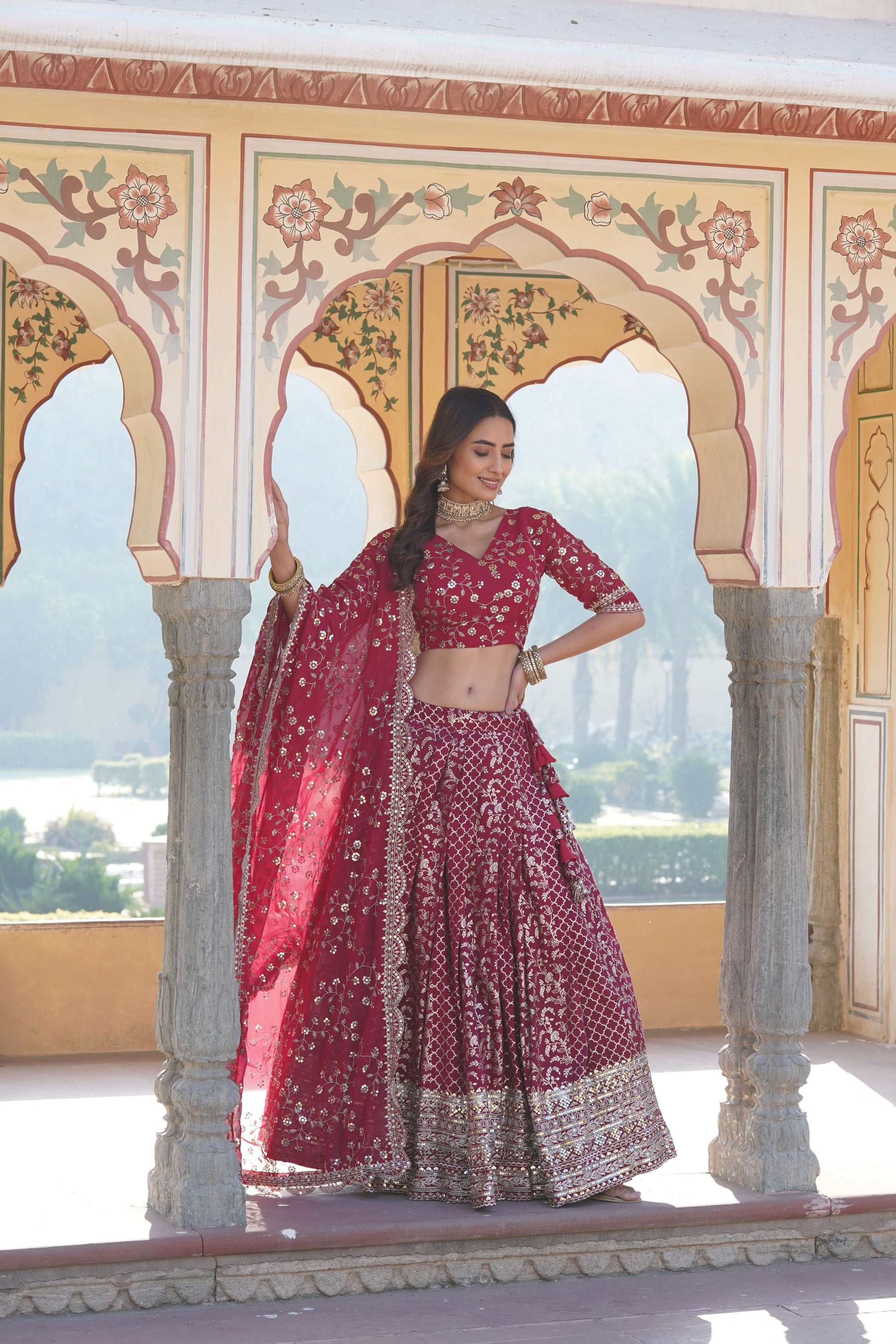 Designer Pure Viscose Jacquard Lehenga Choli with Sequins Dupatta 
