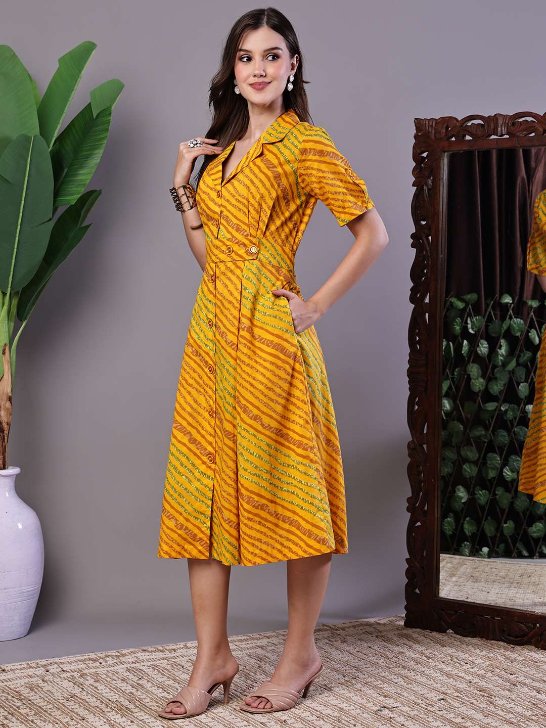 Women's Yellow Printed Cotton Shirt Dress