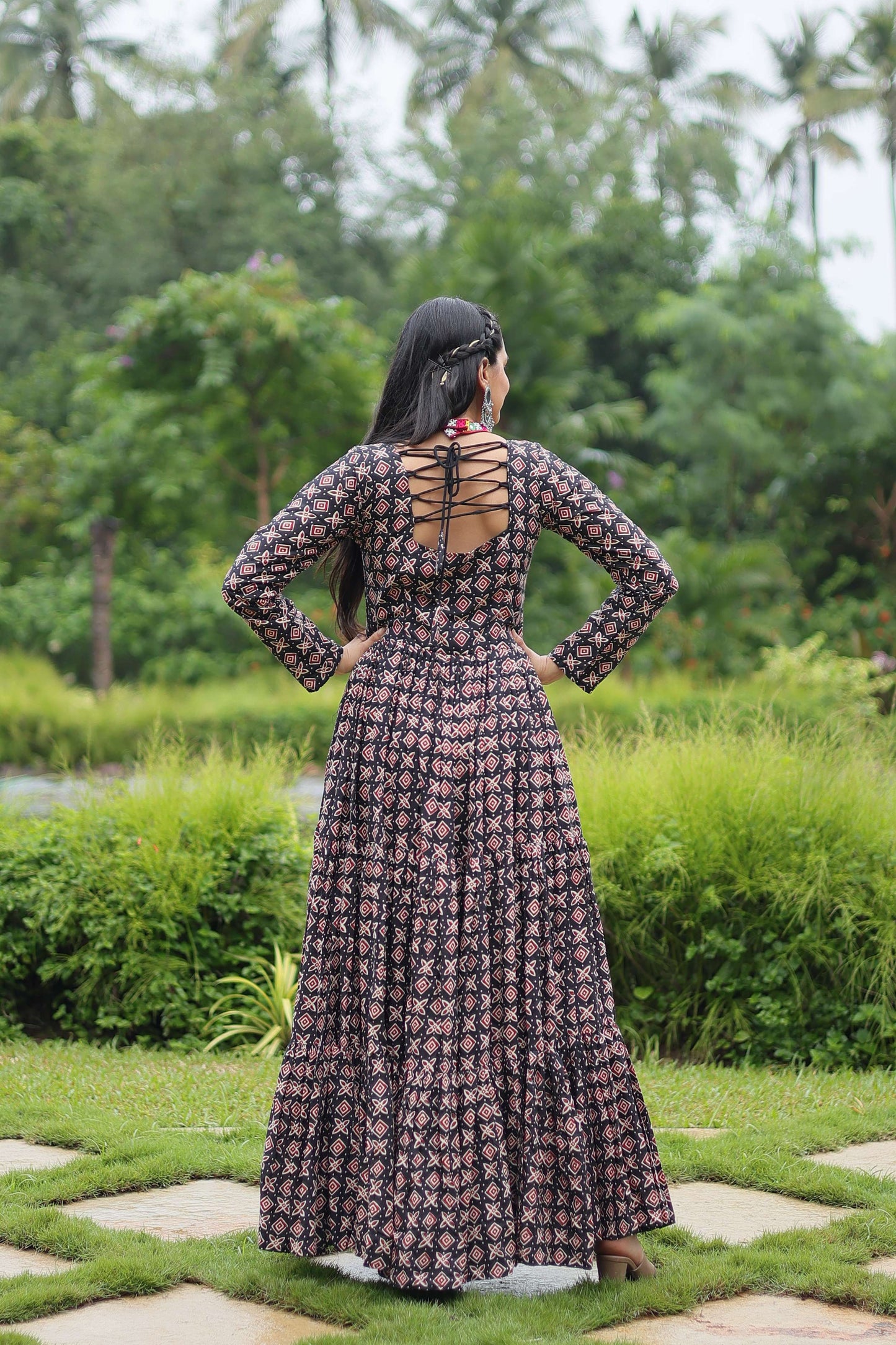 Black Designer Printed Cotton Gown with Kutchi Gamthi Lace & Kodi Work  Maroon