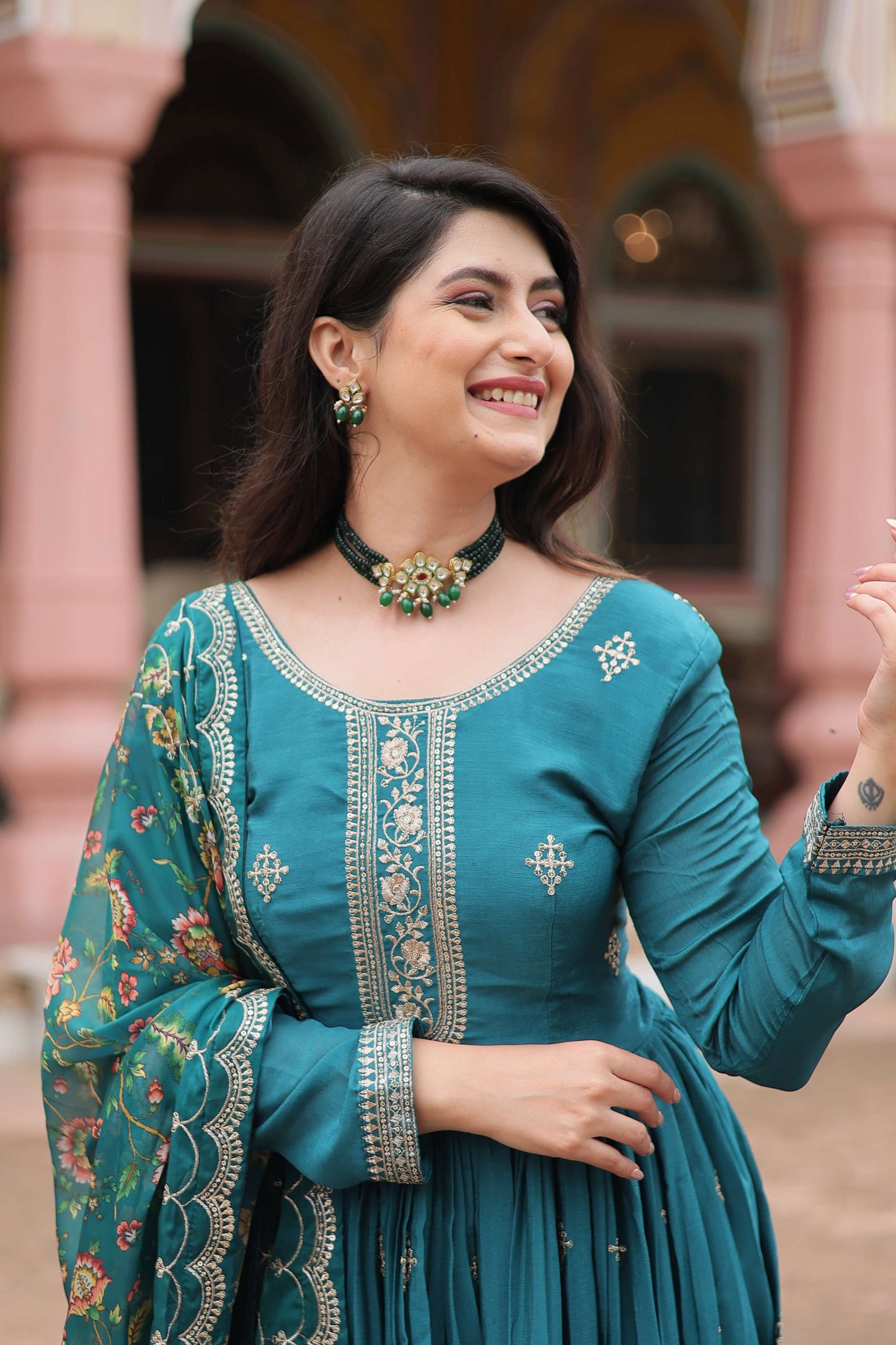 Rama Designer Chinon Sequins Embroidered Gown with Kalamkari Silk Dupatta