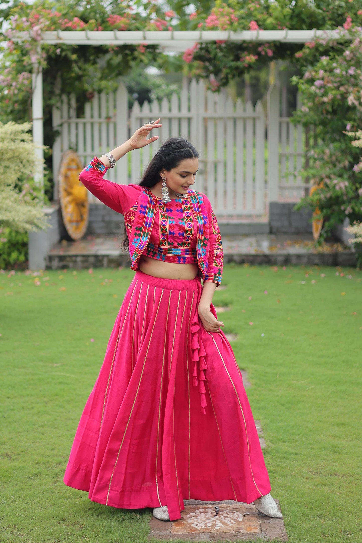 Vibrant Roman Fabric Navratri Lehenga Choli Set with Koti Blouse