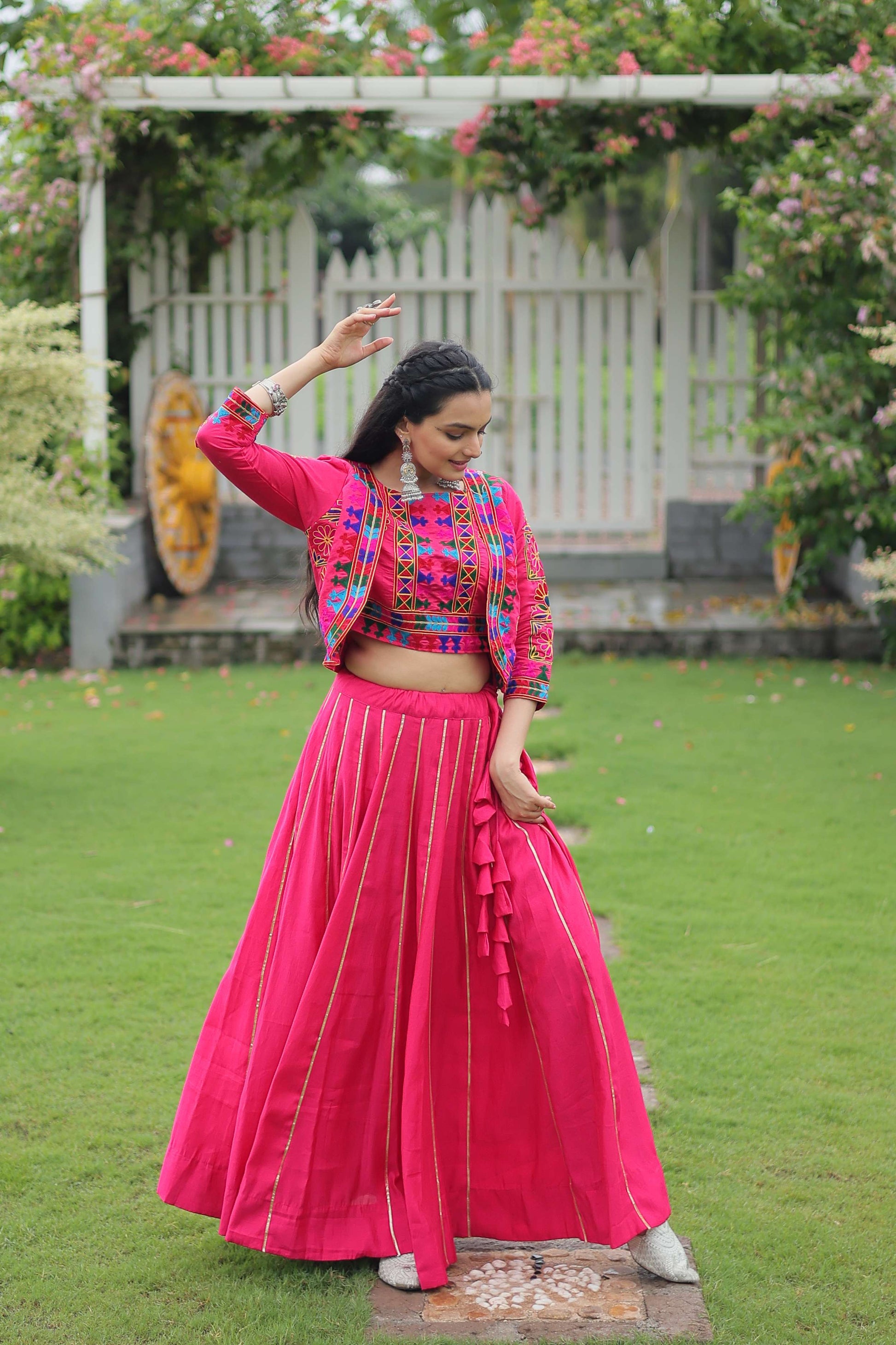 Vibrant Roman Fabric Navratri Lehenga Choli Set with Koti Blouse