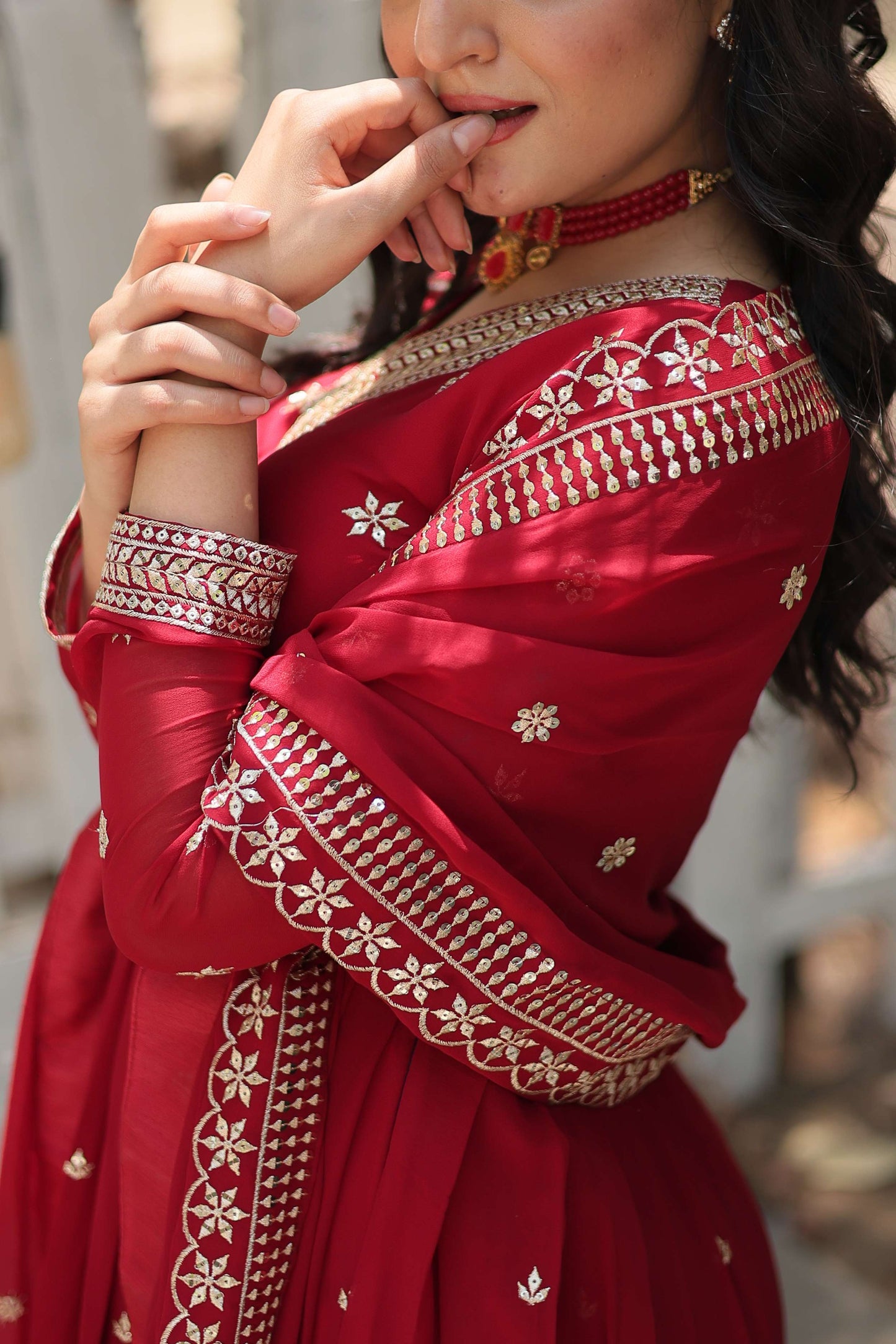 Maroon Designer Faux Blooming Anarkali Gown with Sequins Embroidered Dupatta  Wedding & Festive Wear