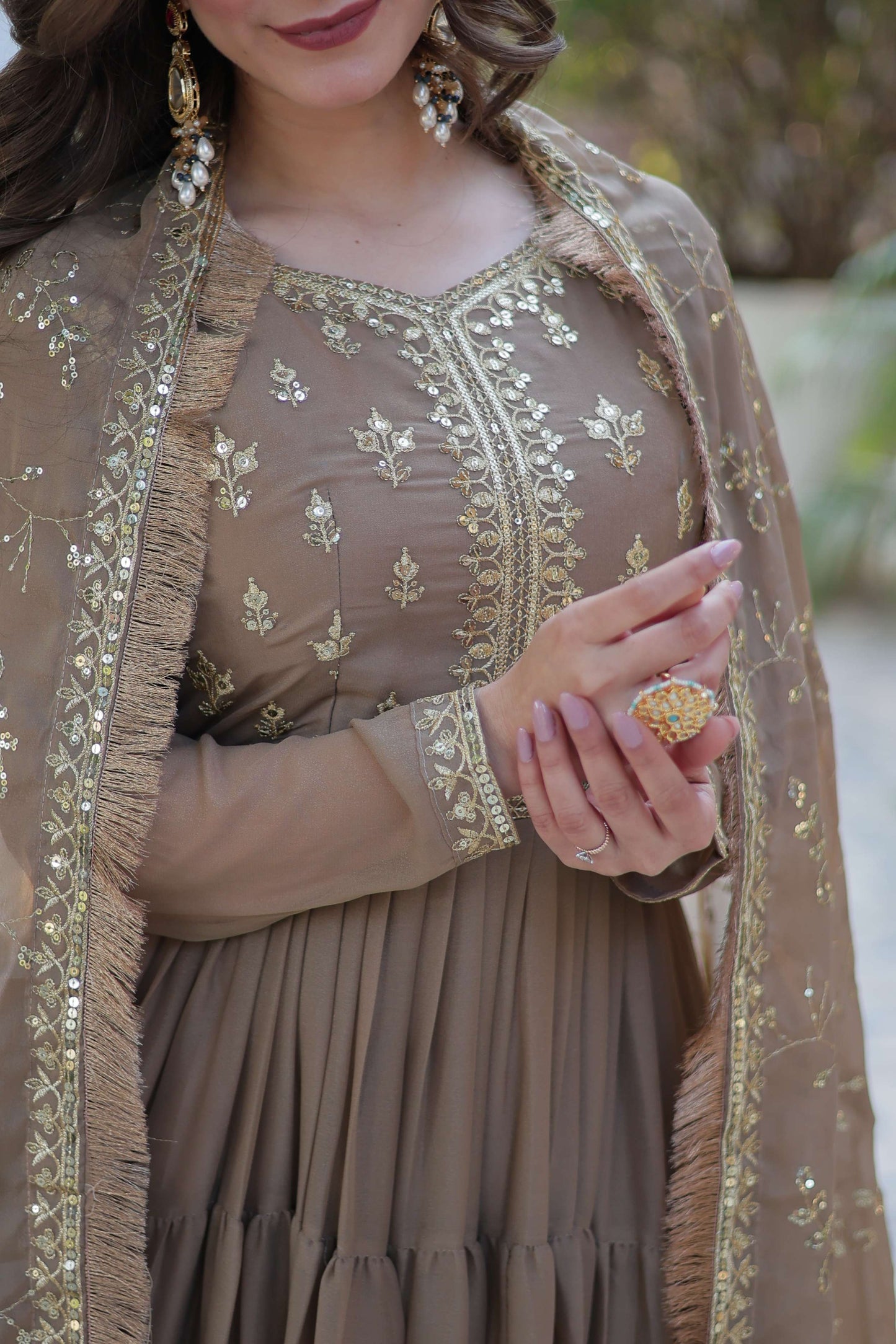 Beige Star Georgette Fully Flared Gown with Sequins Embroidered Dupatta & Lace Border