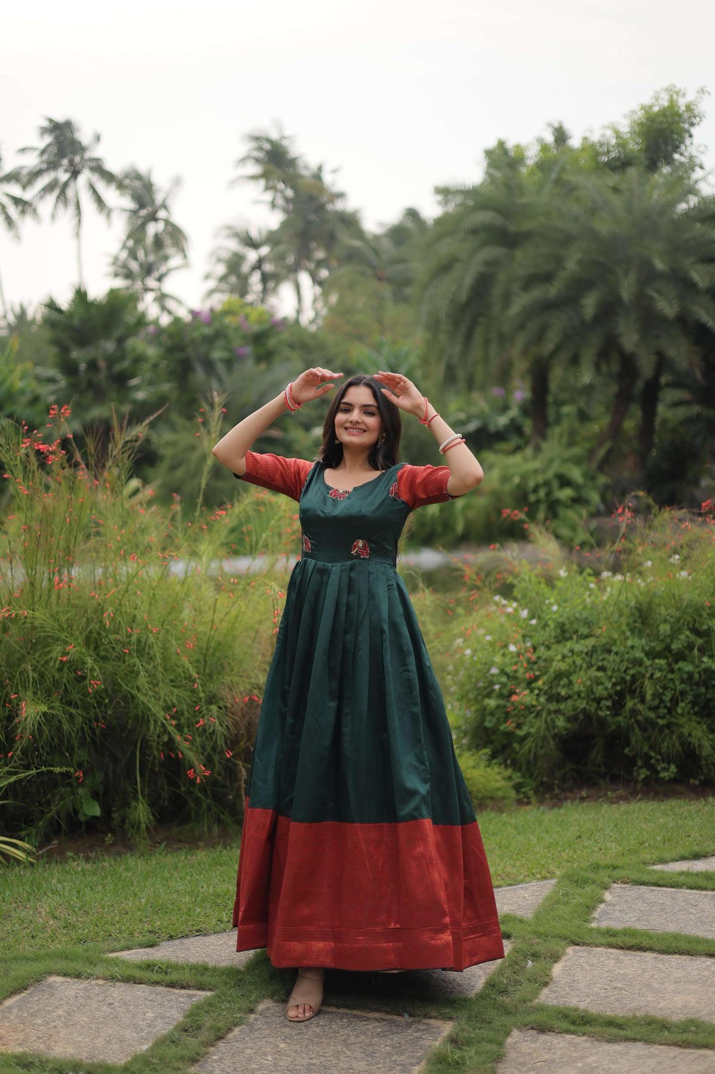 Green Banarasi Jacquard Silk Gown  Elegant Free-Size Designer Party & Wedding Wear