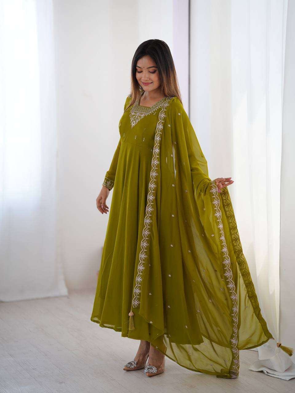 Womens Crunchy Silk Anarkali Kurti with Pant & Dupatta Set