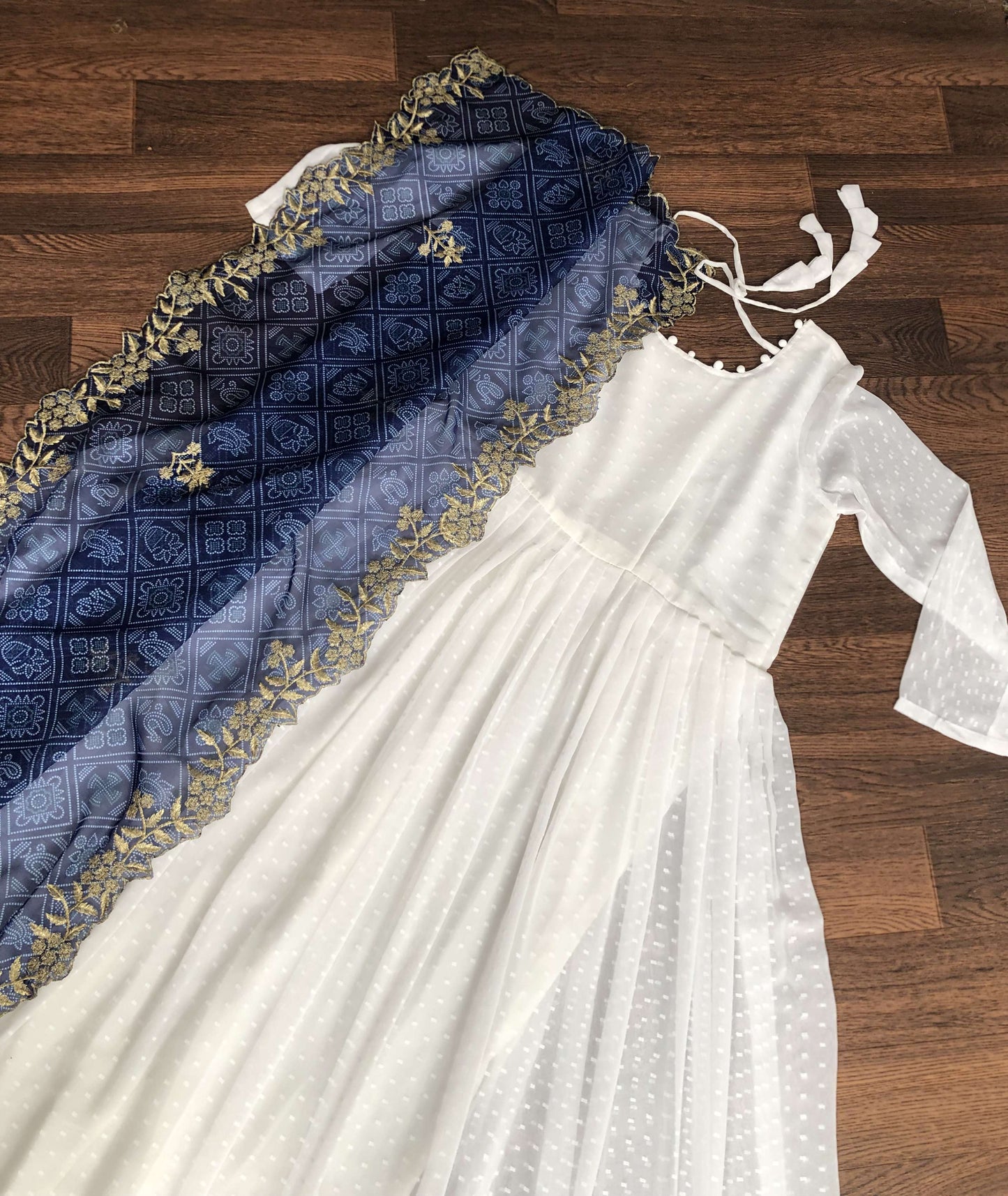 Elegant White And Blue Georgette Gown with Soft Organza Dupatta  Premium Designer Ready-to-Wear Set