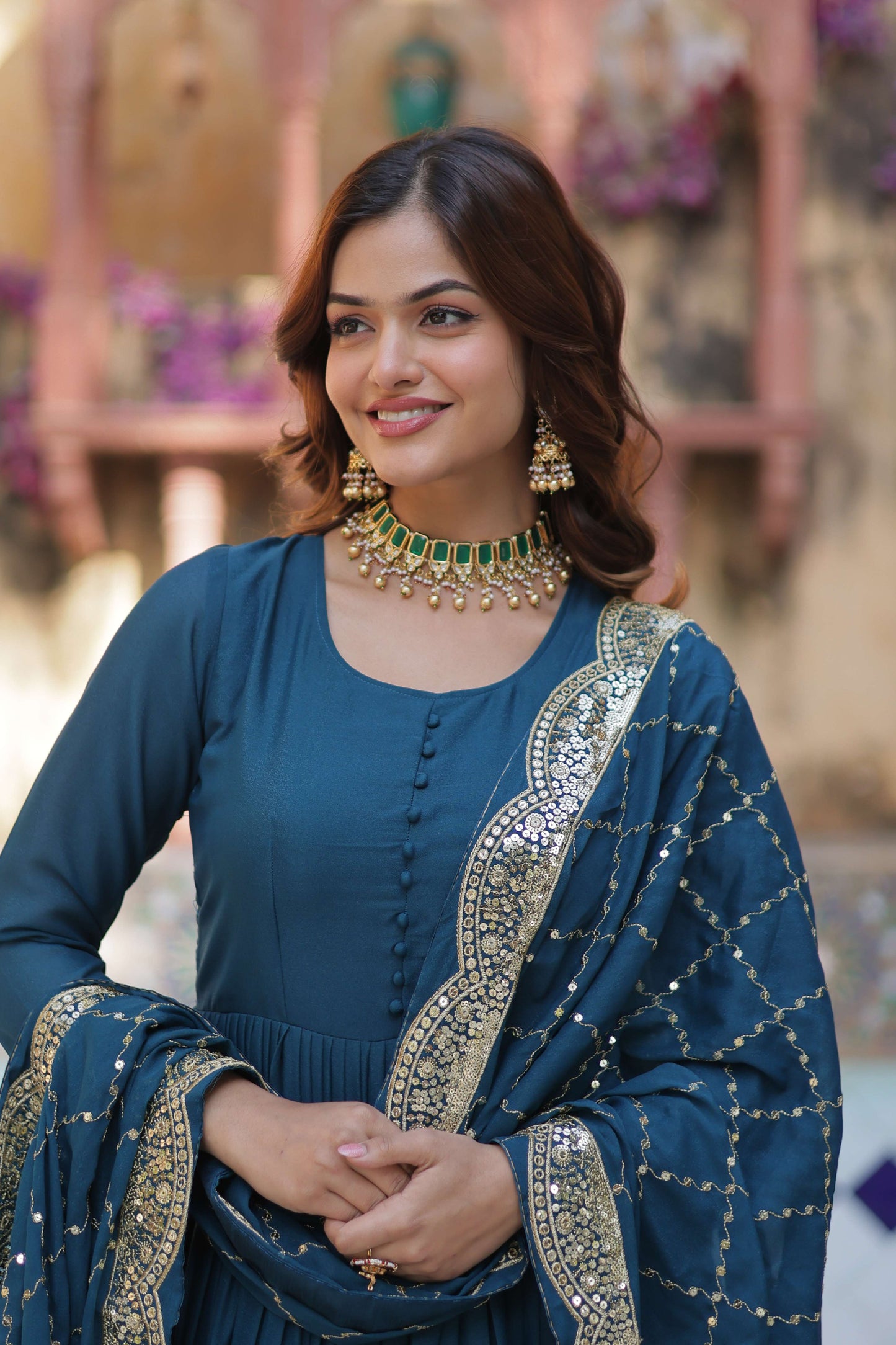 Rama Star Georgette Fully Flared Gown with Sequins Embroidered Dupatta
