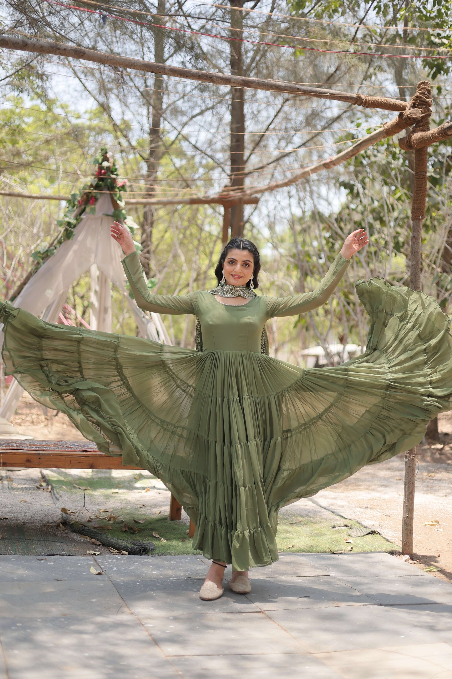 Mehandi Premium Faux Georgette Designer Gown with Sequined Dupatta  Fully Flaired Ready-to-Wear Set