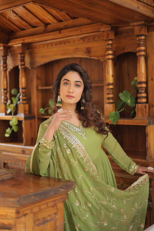Green Faux Georgette Designer Gown with Sequined Dupatta  Fully Flared Elegant Ready-to-Wear Set
