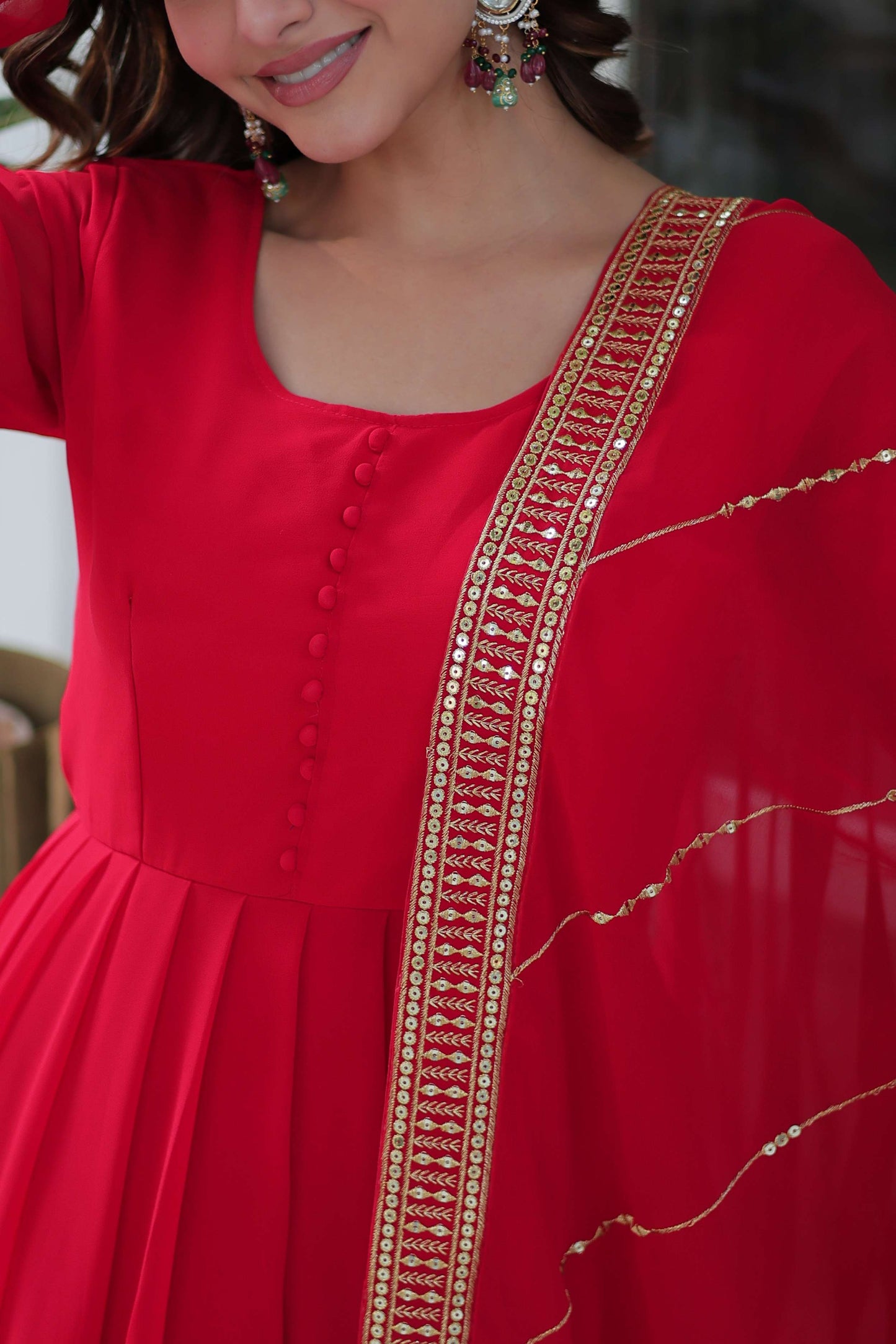 Red Faux Blooming Gown with Multi-Sequins Embroidered Dupatta