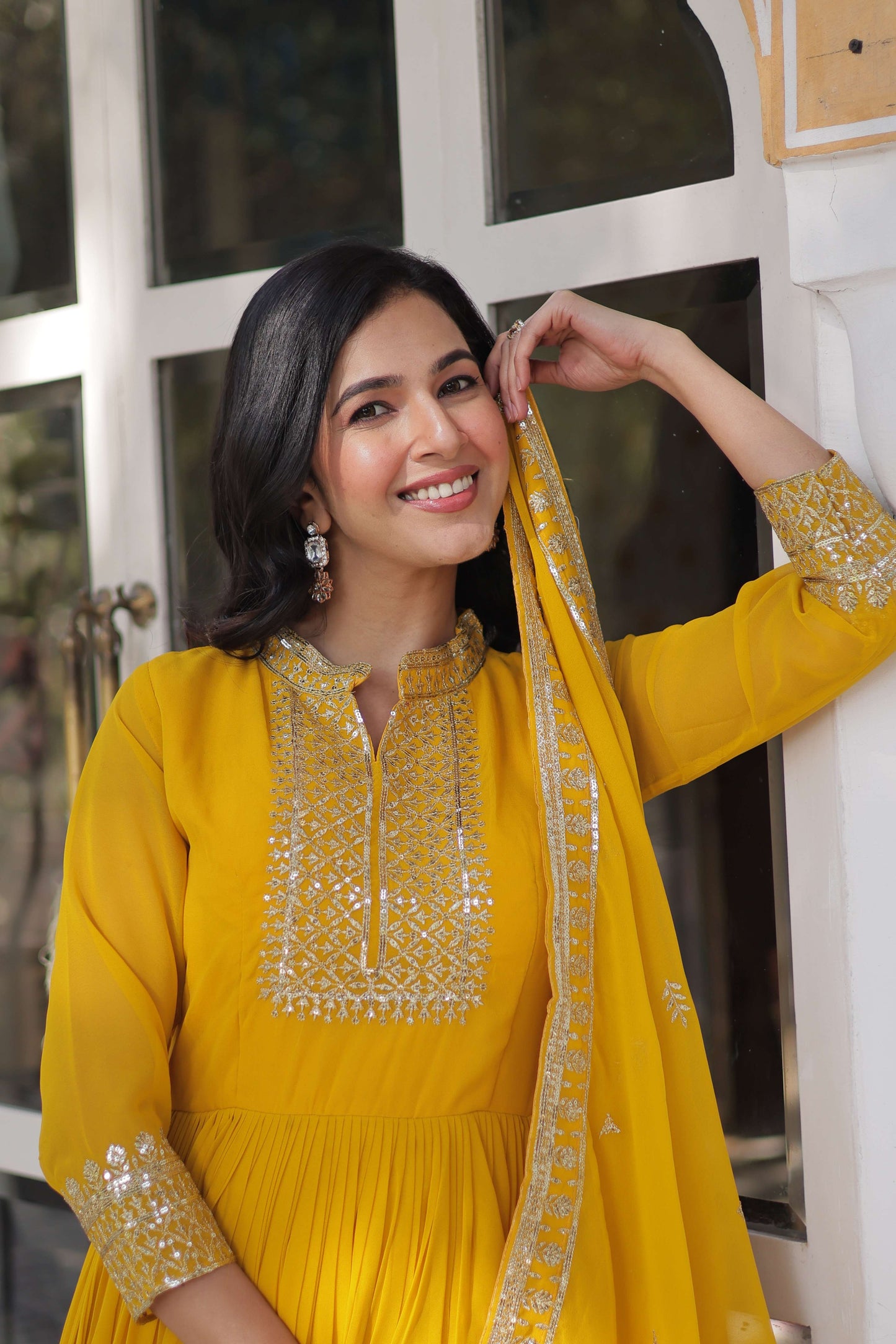 Yellow Faux Blooming Georgette Sequins Embroidered Gown with Matching Dupatta