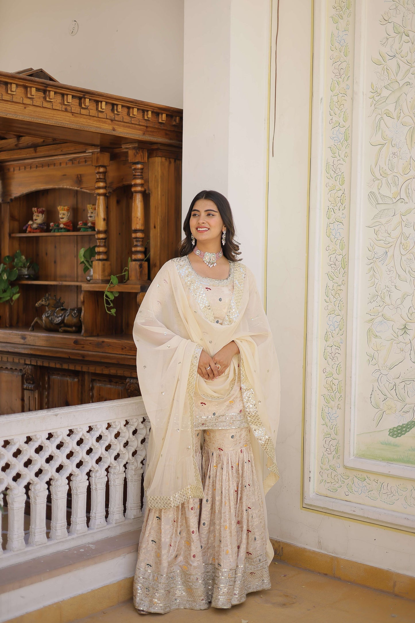 White Faux Blooming Sequins Embroidered Sharara Set with Matching Dupatta  Festive & Party Wear 2024