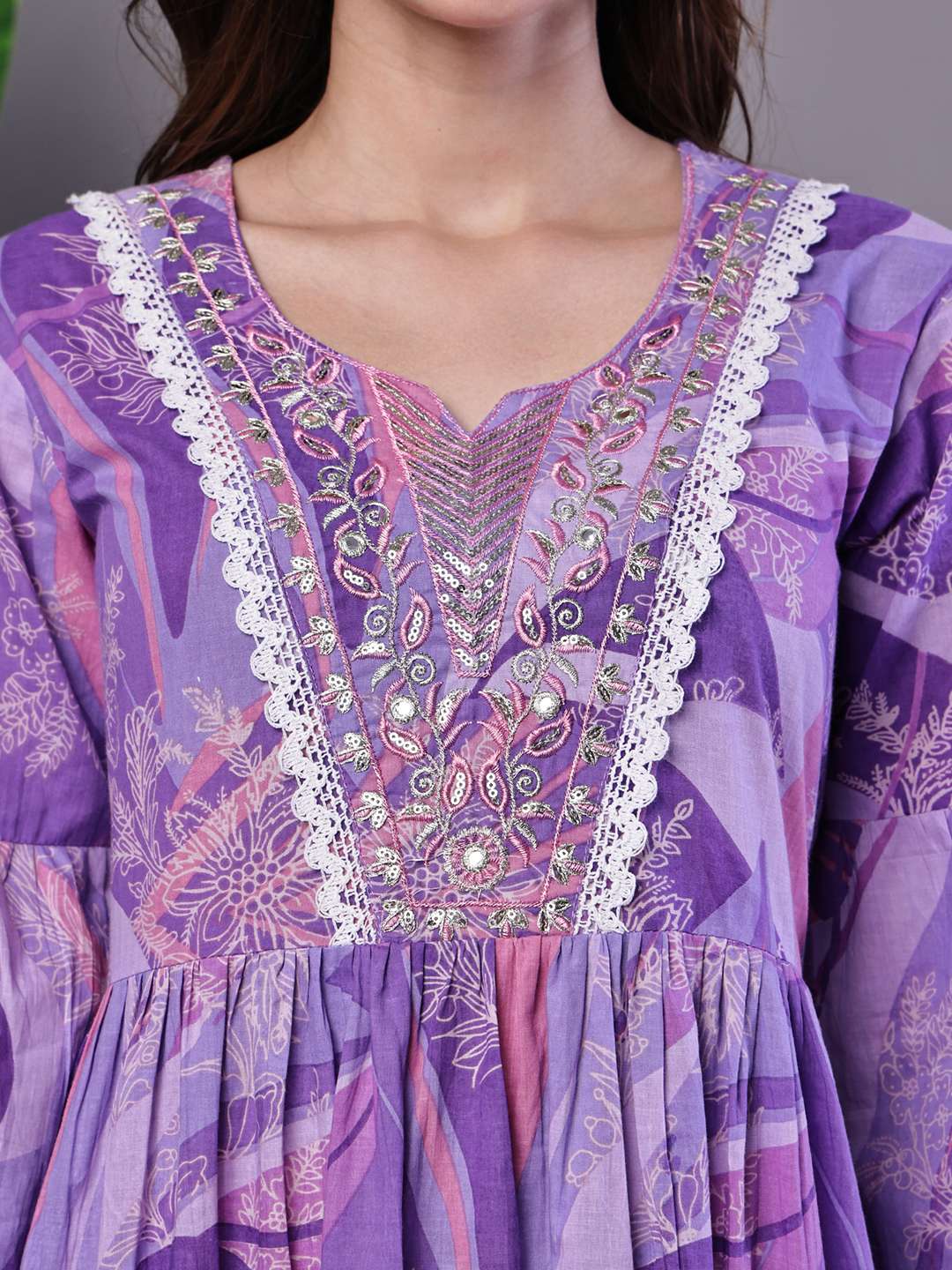 Wome's Purple Floral Cotton A-Line Dress with Lace Detailing Midi Dresses