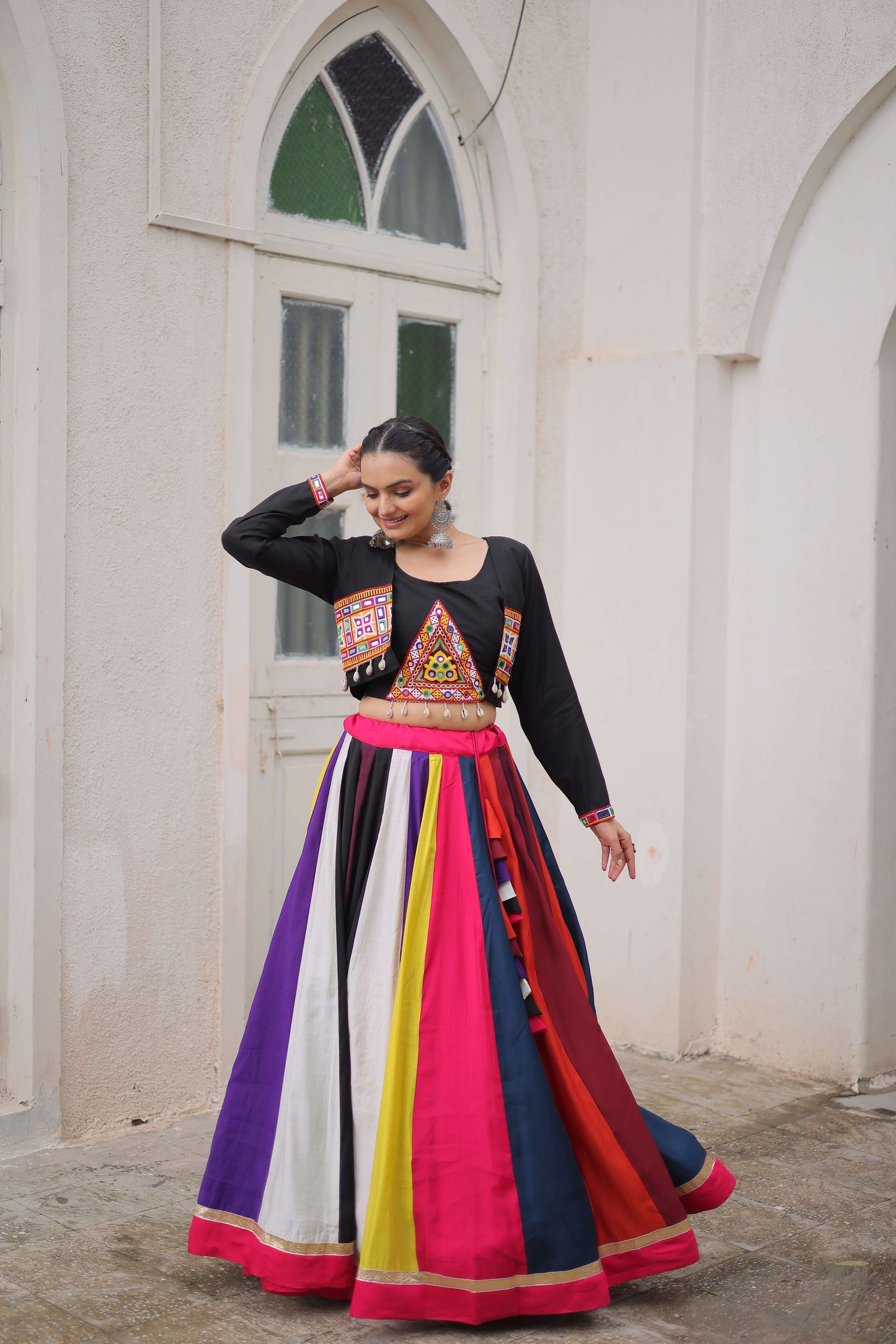 Multicolor Roman Fabric Navratri Lehenga Choli Set with Mirror & Gota Lace
