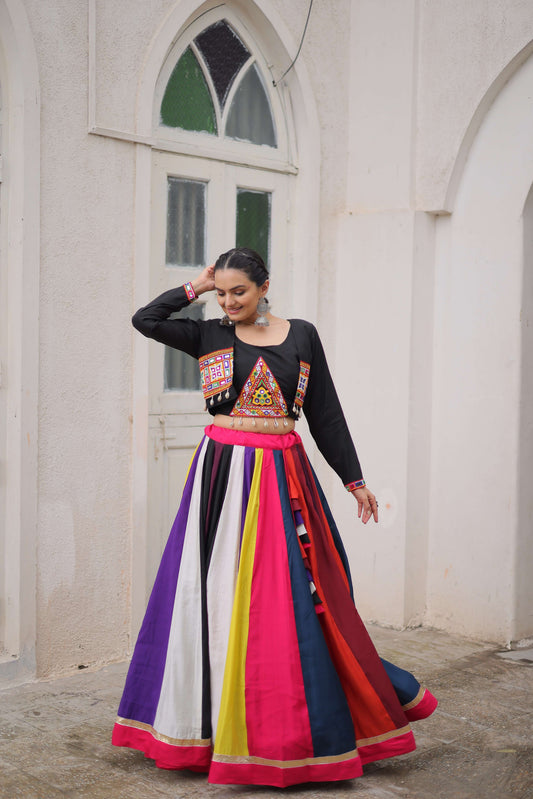 Multicolor Roman Fabric Navratri Lehenga Choli Set with Mirror & Gota Lace