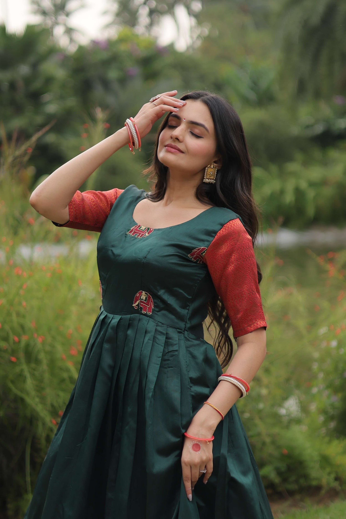 Green Banarasi Jacquard Silk Gown  Elegant Free-Size Designer Party & Wedding Wear
