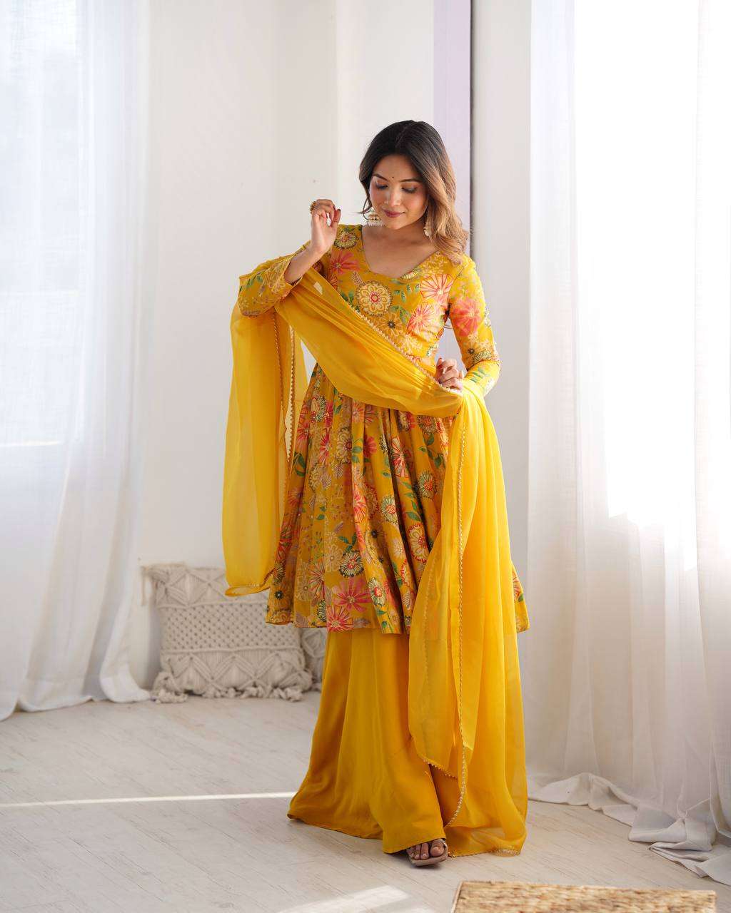 Women's Pure Romansilk Chanderi Printed Anarkali Kurti With Palazzo & Dupatta Set