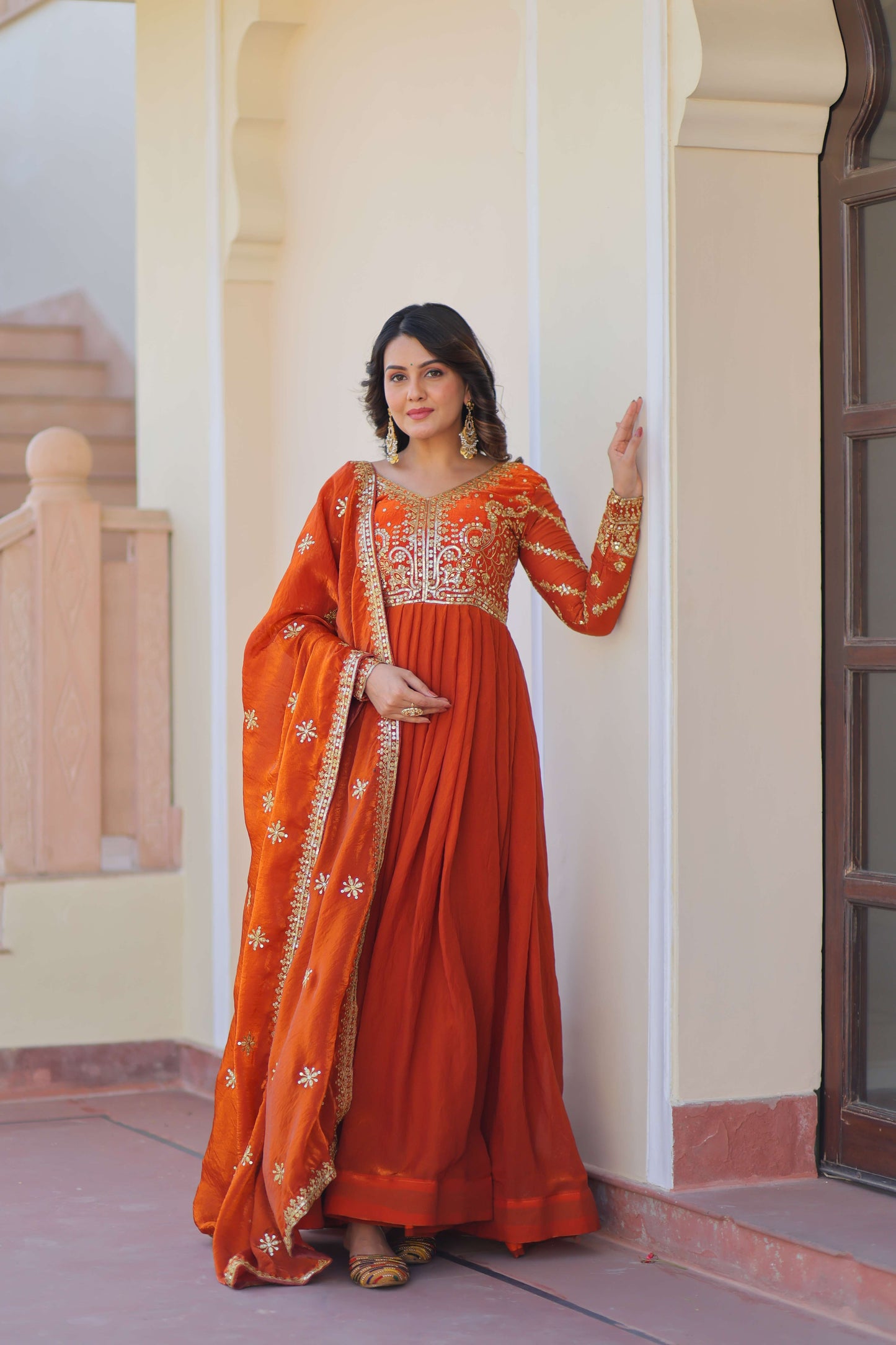 Orange Premium Fendy Fabric Gown with Sequins-Multi Embroidered Dupatta – Elegant Partywear