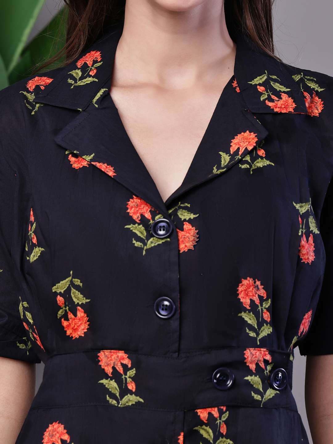 Women's Elegant Indigo & Orange Floral Block Print Cotton Shirt Dress