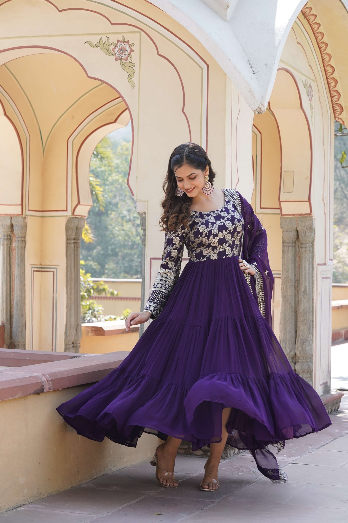 Purple Faux Blooming Designer Gown with Sequined Dupatta  Elegant Fully Flared Ready-to-Wear Set