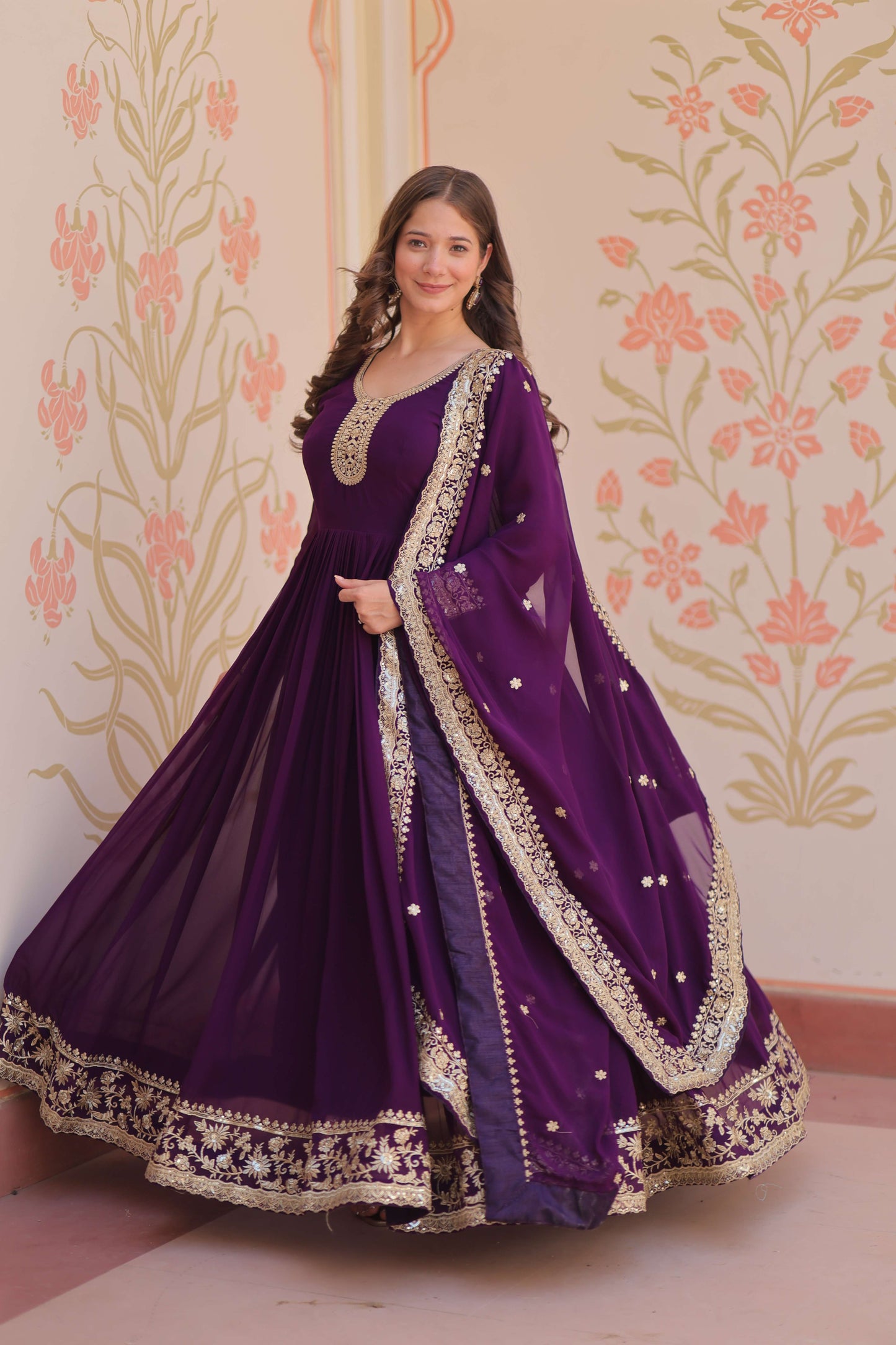 Purple Premium Faux Blooming Gown with Zari & Sequins Embroidered Dupatta – Designer Collection