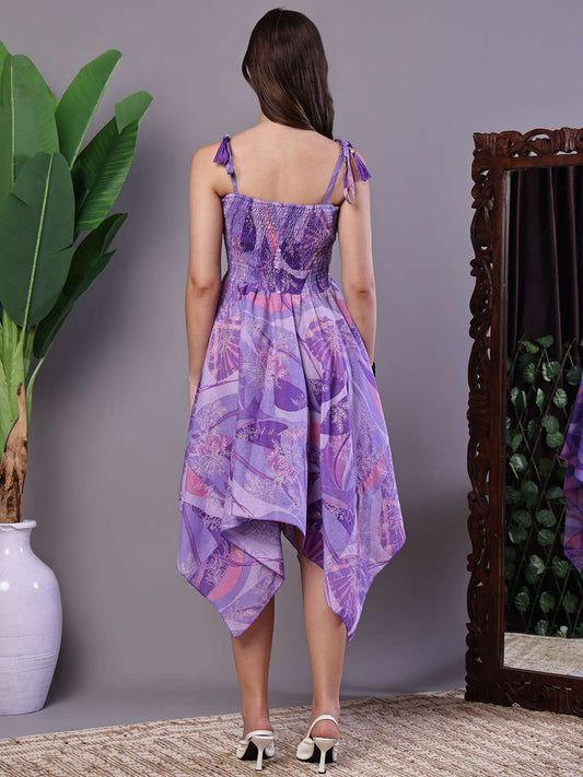 Women's Purple Printed Cotton Handkerchief Hem Midi Dress
