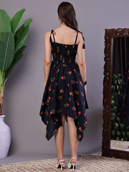 Women's Black Floral Printed Cotton Handkerchief Hem Dress Midi Dresses