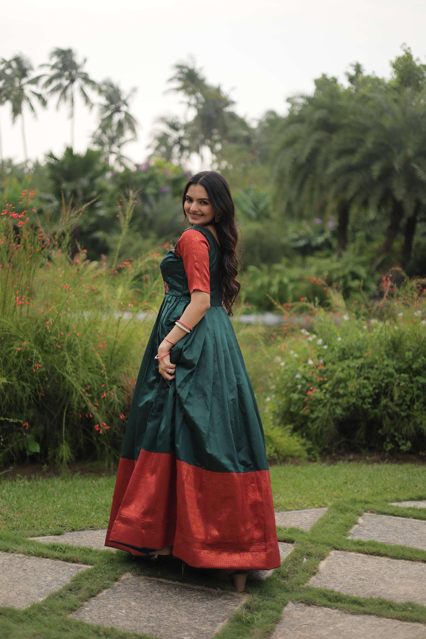 Green Banarasi Jacquard Silk Gown  Elegant Free-Size Designer Party & Wedding Wear