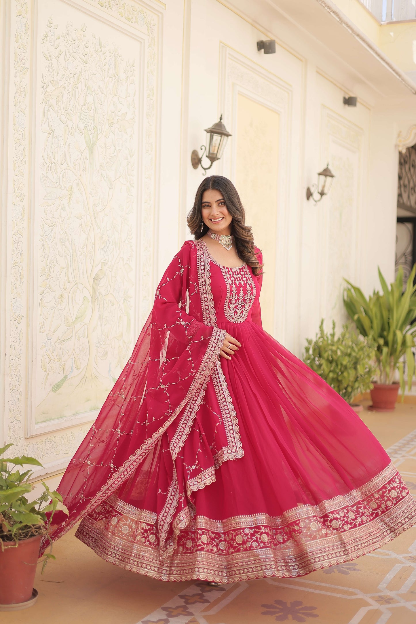 Pink Faux Blooming Sequins Embroidered Gown with Matching Dupatta  Festive & Party Wear 2024