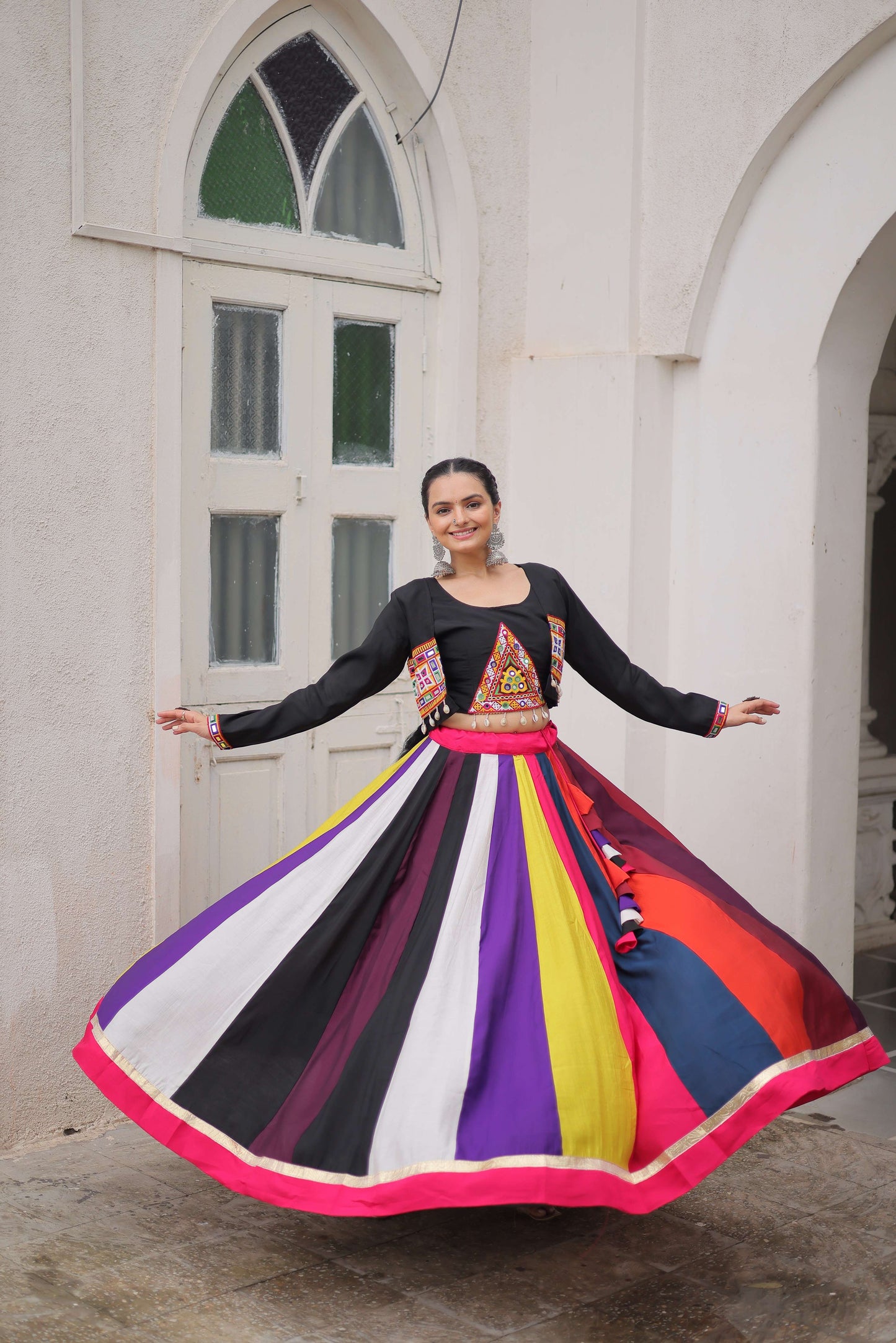 Multicolor Roman Fabric Navratri Lehenga Choli Set with Mirror & Gota Lace