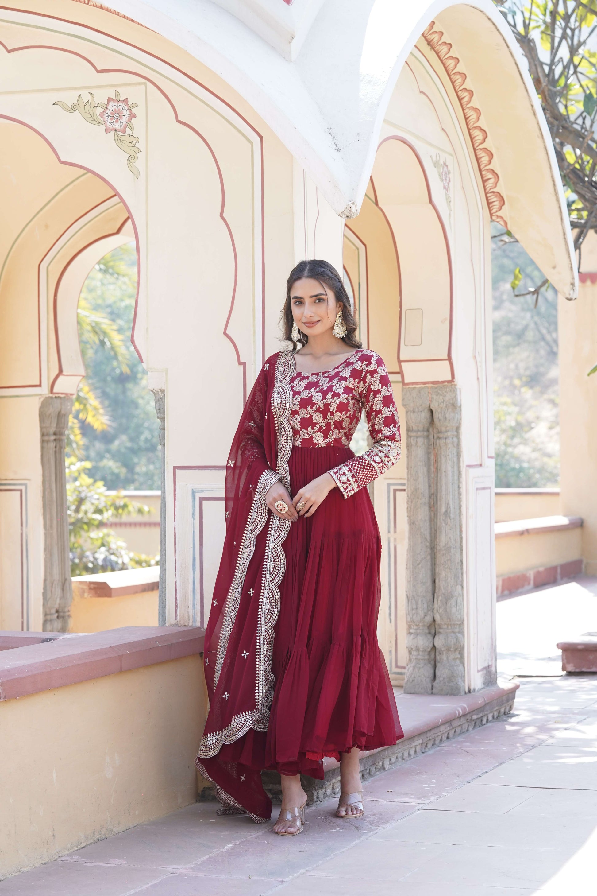 Maroon Faux Blooming Designer Gown with Sequined Dupatta  Fully Flared Elegant Ready-to-Wear Set