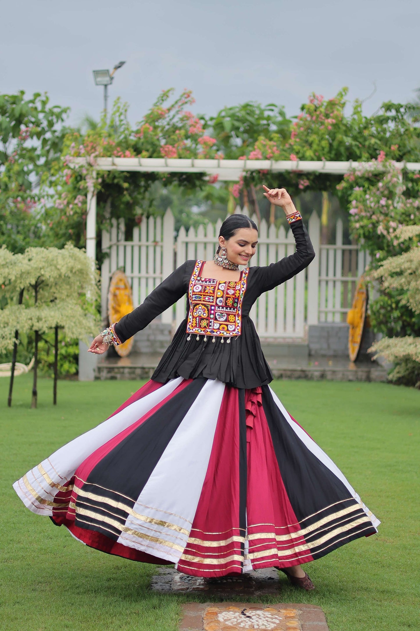 Multicolor Navratri Lehenga Choli Set with Black Peplum Top