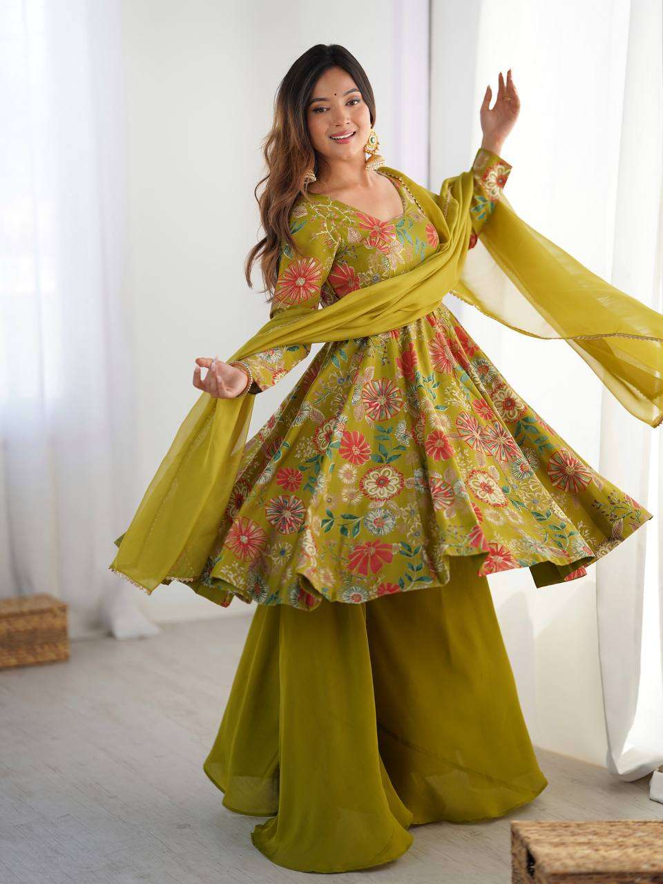 Women's Pure Romansilk Chanderi Printed Anarkali Kurti With Palazzo & Dupatta Set