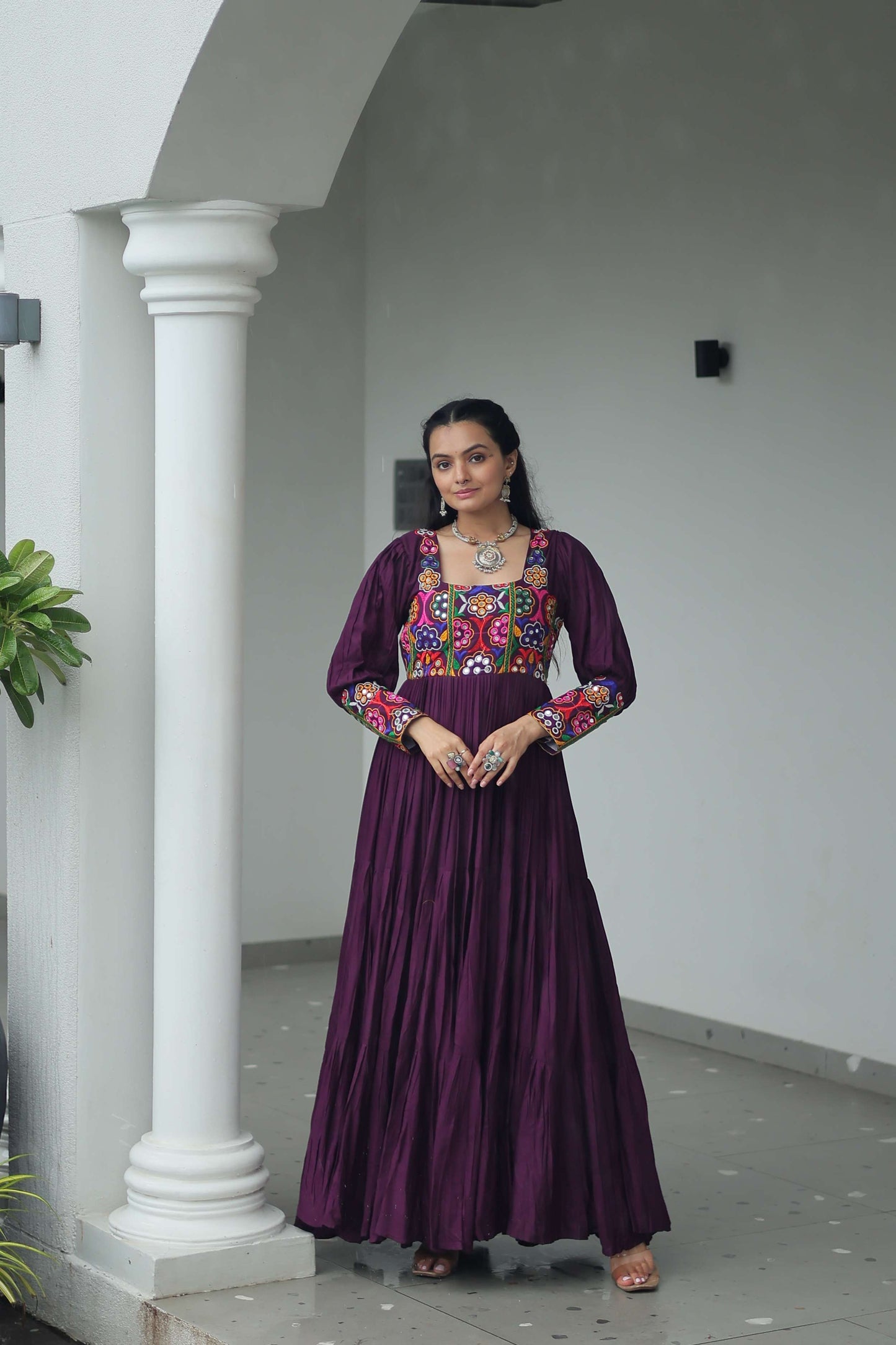 Wine Navratri Special 14 Kg Reyon Designer Gown with Kutchi Gamthi Work – Flared Ethnic Wear for Women