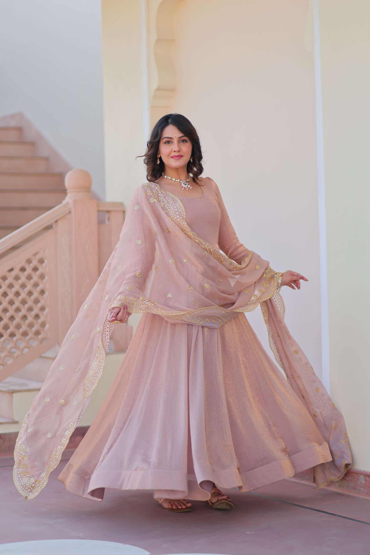 Chiku Premium Fendy Chiffon Gown with Sequins & Zari Embroidered Dupatta – Elegant Partywear