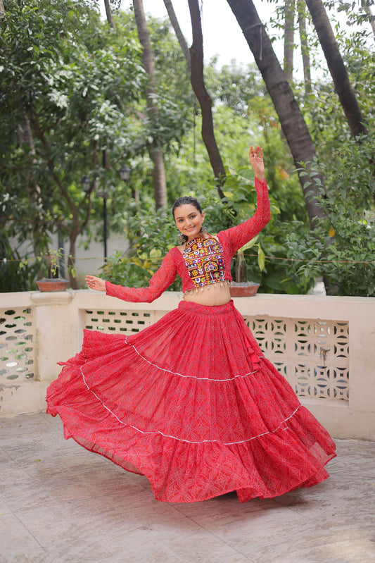 Faux Georgette Bandhej Frilled Navratri Lehenga Choli Set