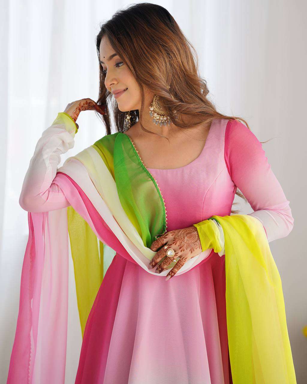 Women's Pure Romansilk Chanderi Tie-Dye Anarkali Kurti Pant With Dupatta Set
