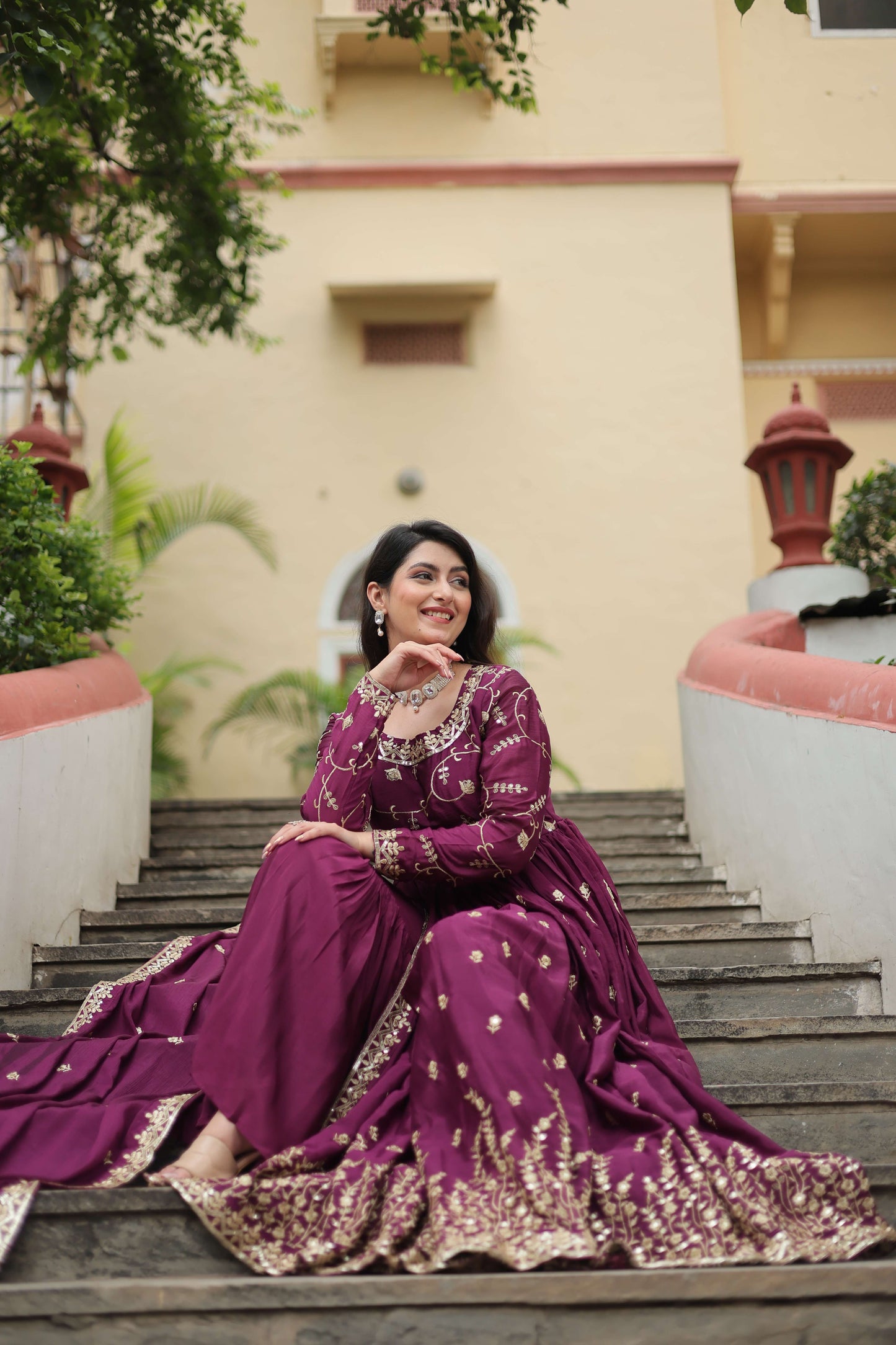 Wine Premium Chinon Sequins Embroidered Kurti with Sharara & Dupatta Set
