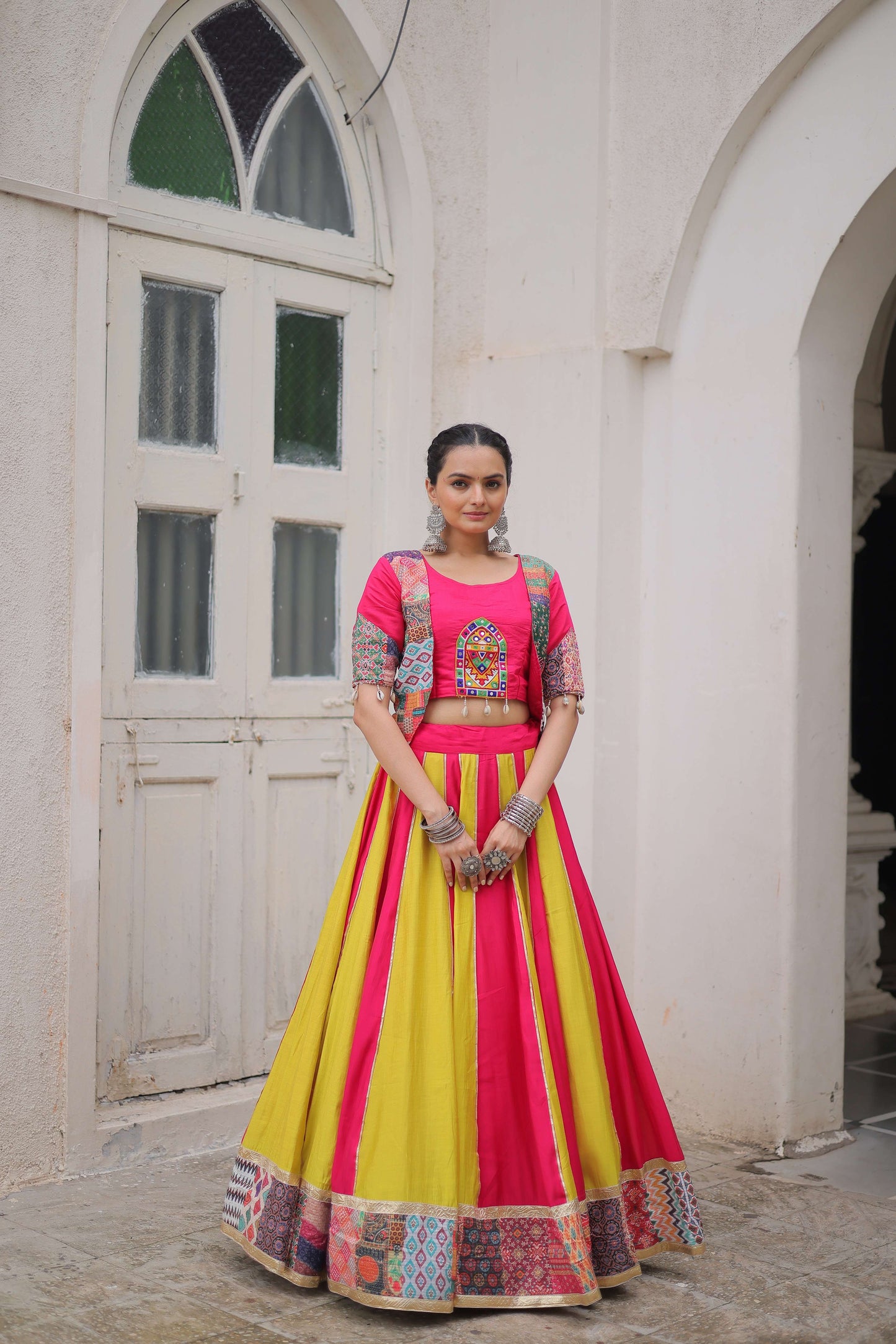 Roman Fabric Maslin Crochet Navratri Lehenga Choli Set