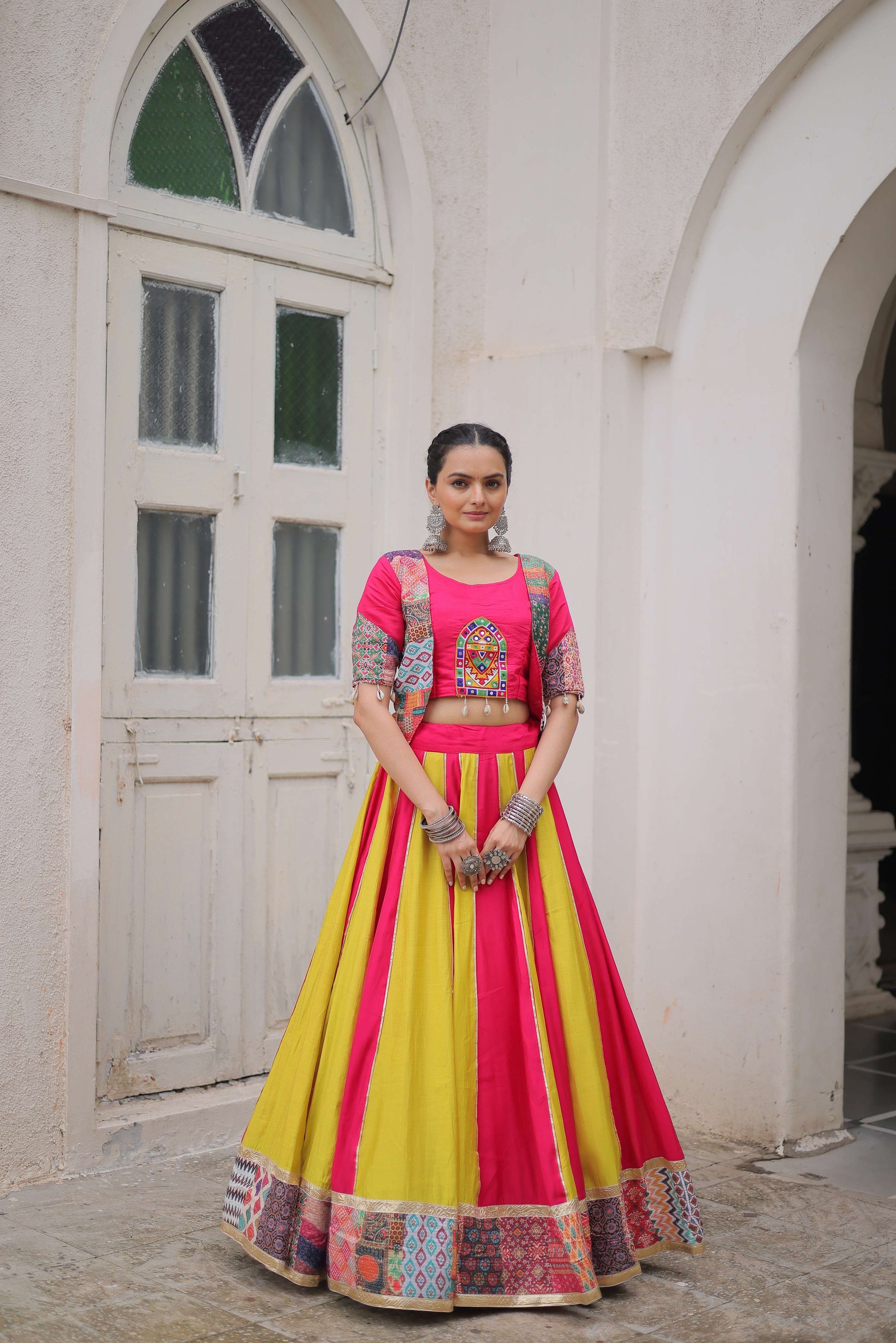 Roman Fabric Maslin Crochet Navratri Lehenga Choli Set