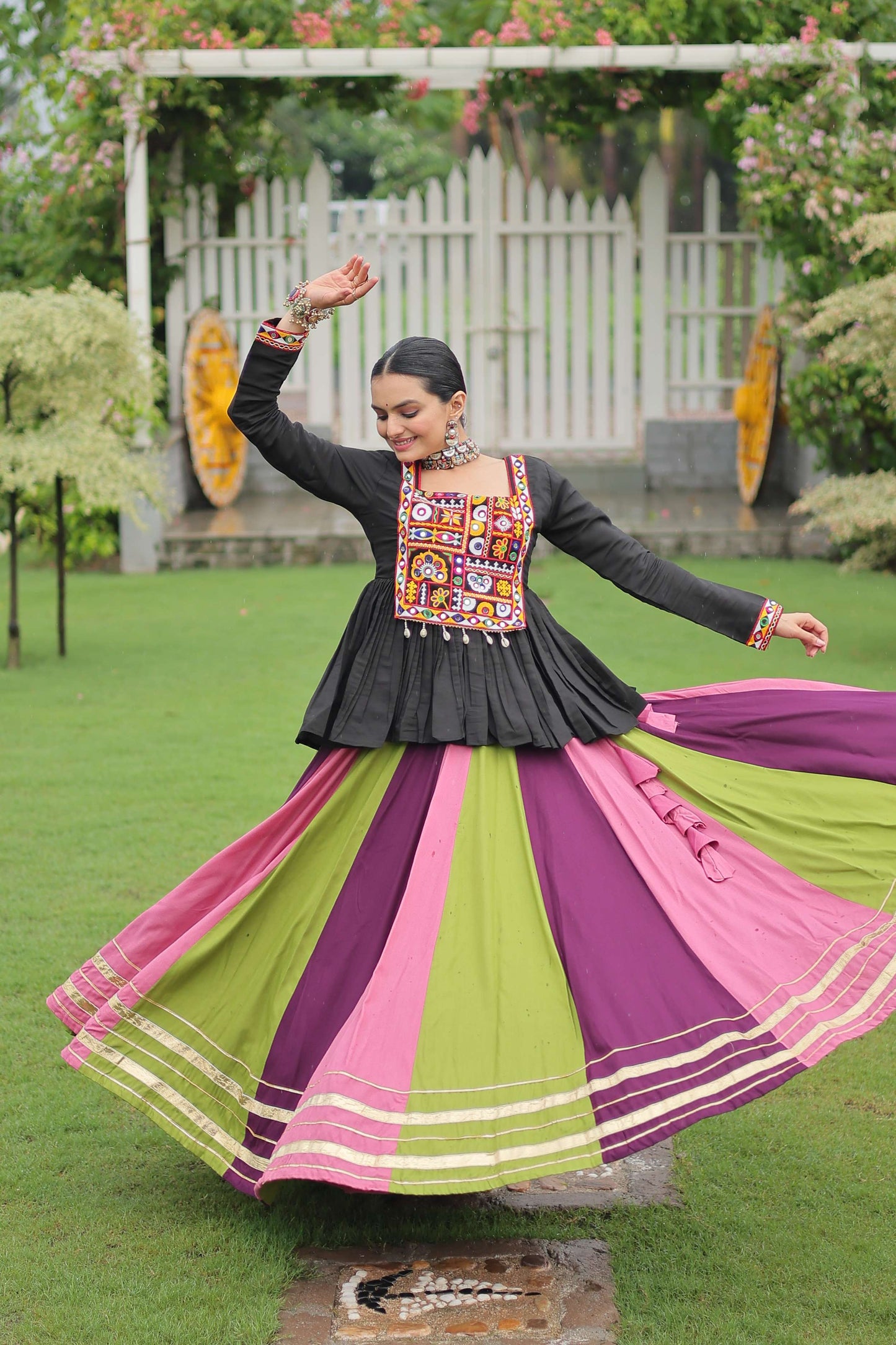 Multicolor Navratri Lehenga Choli Set with Black Peplum Top