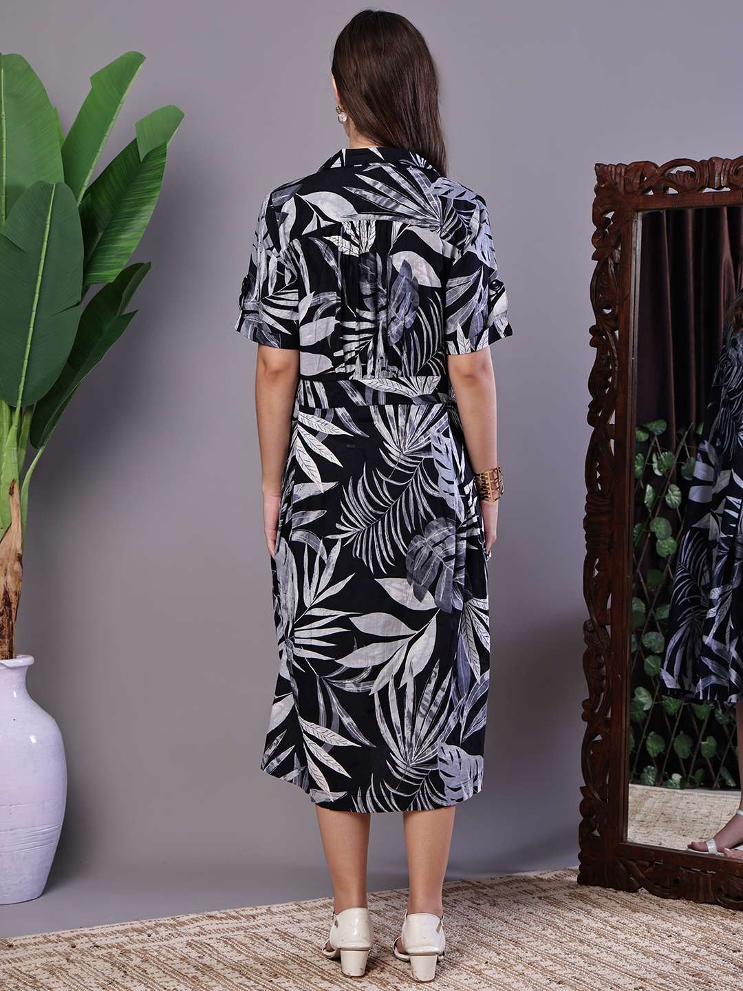 Women's Tropical Palm Print Black & White Cotton Shirt Dress