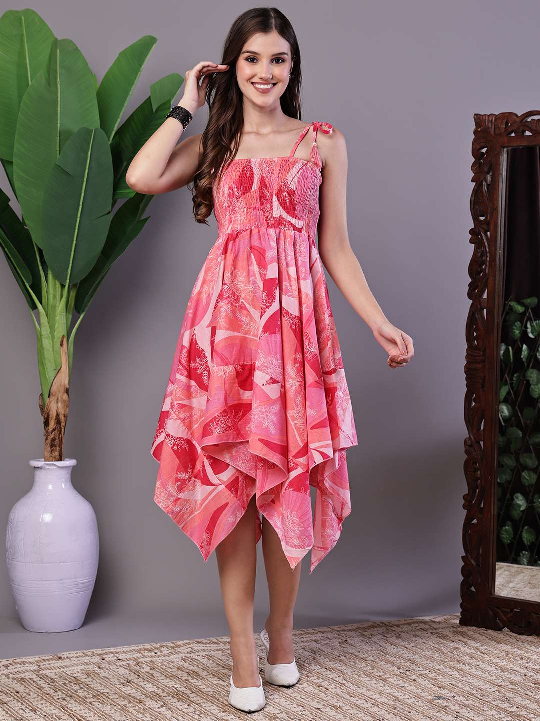 Women's Pink Printed Cotton Handkerchief Hem Midi Dress Midi Dresses